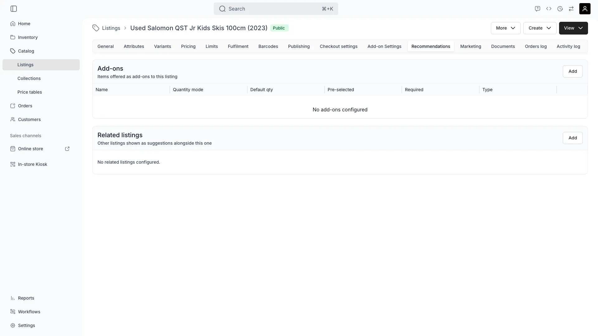 Listing recommendations tab showing add-ons and related listings