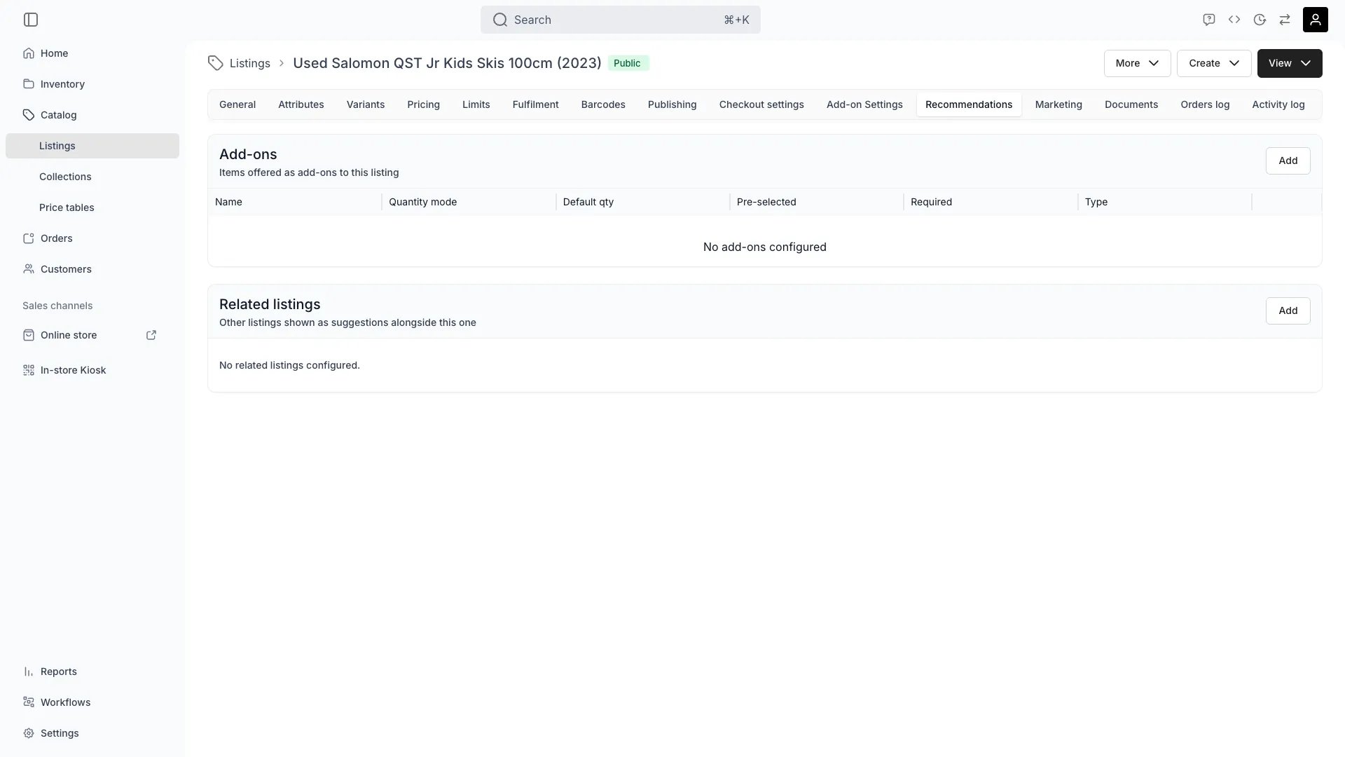 Listing recommendations tab showing add-ons and related listings