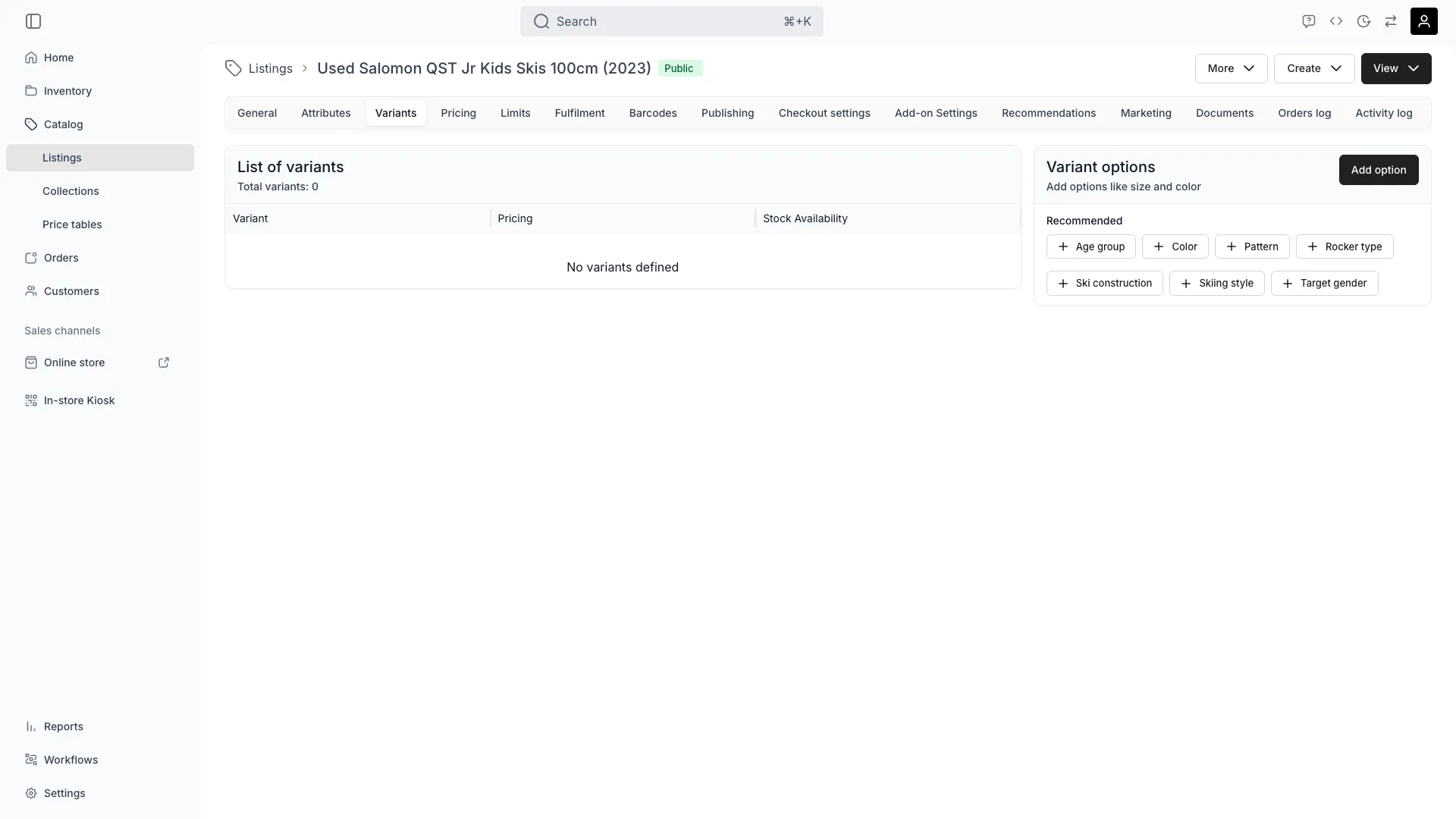 Variants configuration on a listing