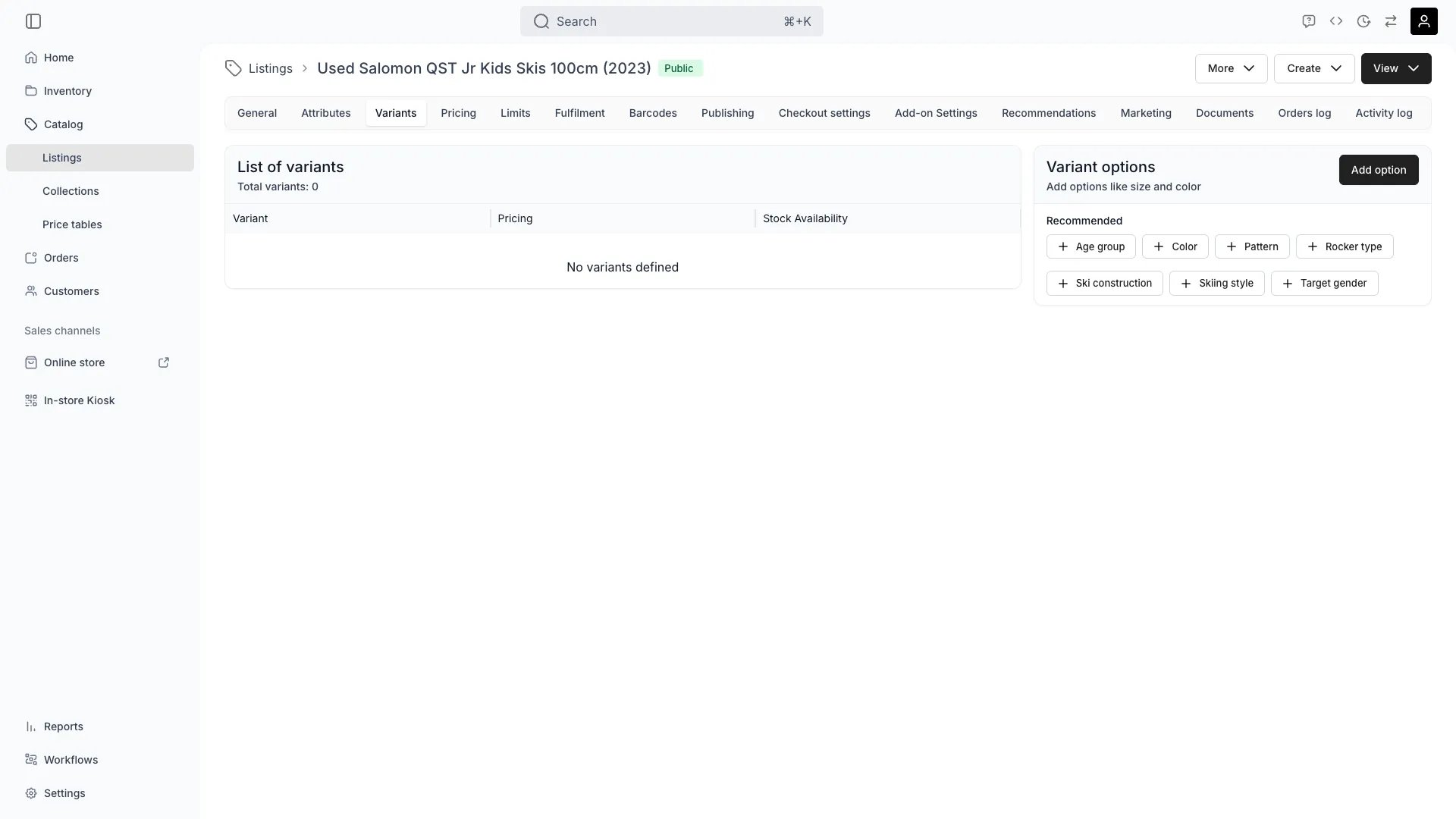 Variants configuration on a listing