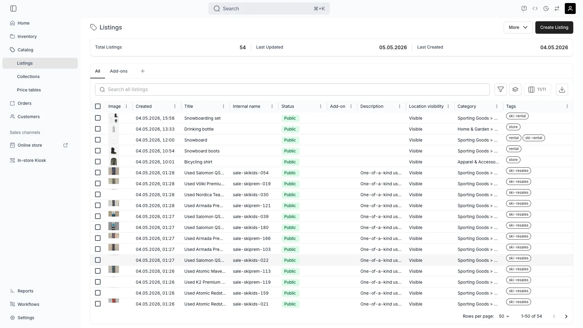 Listings table in the admin
