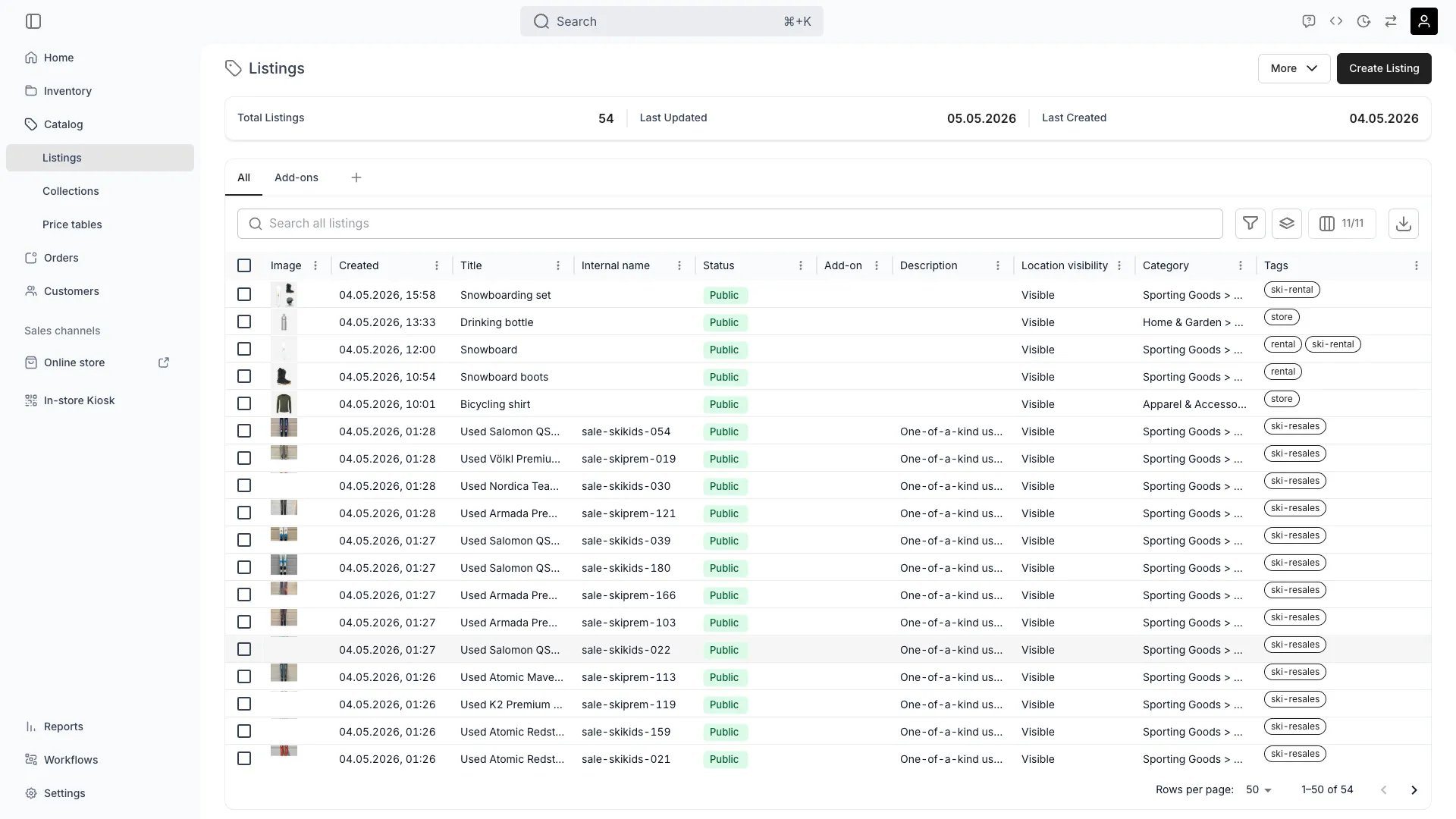 Listings table in the admin