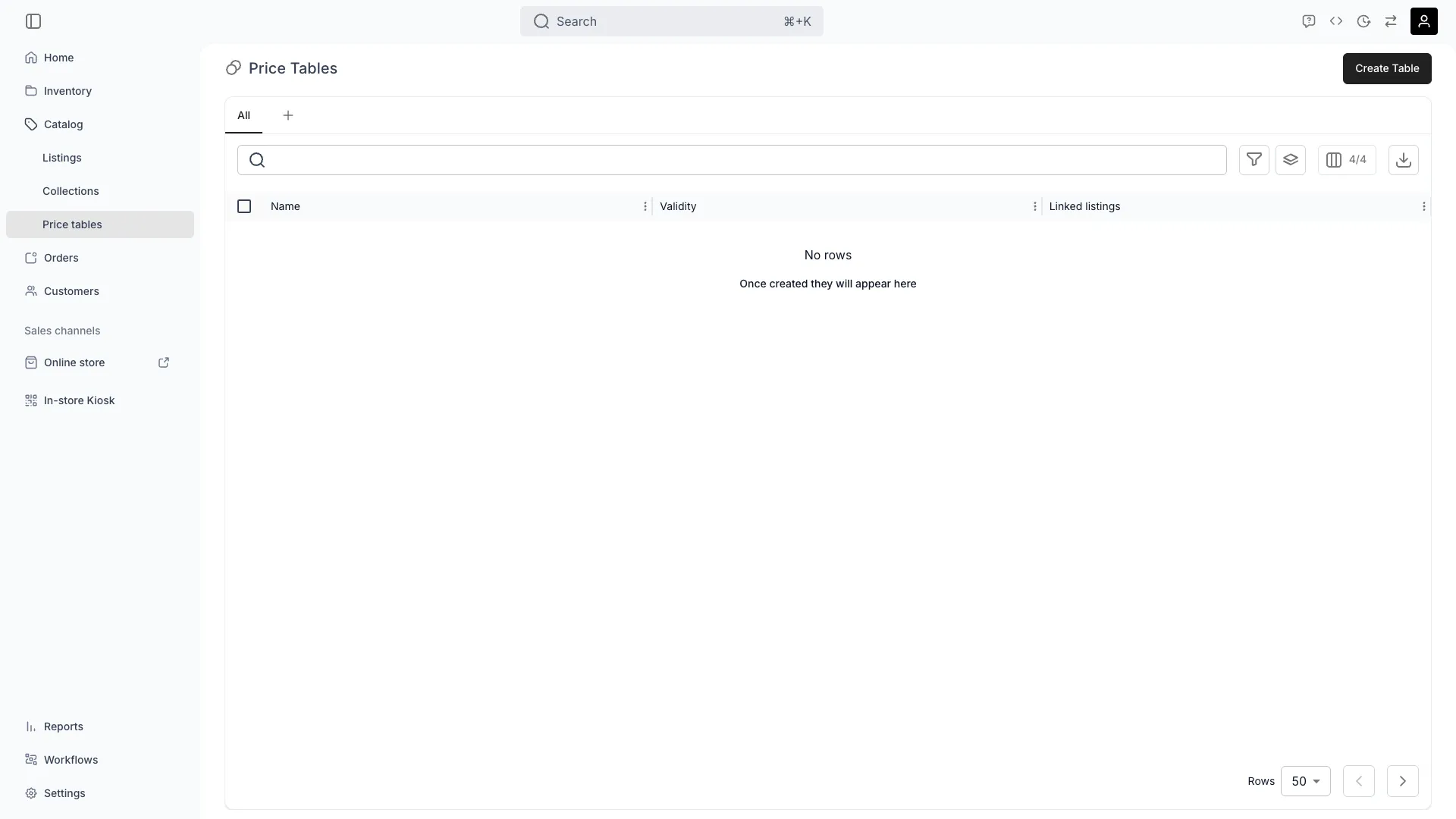 Price tables showing pricing configurations