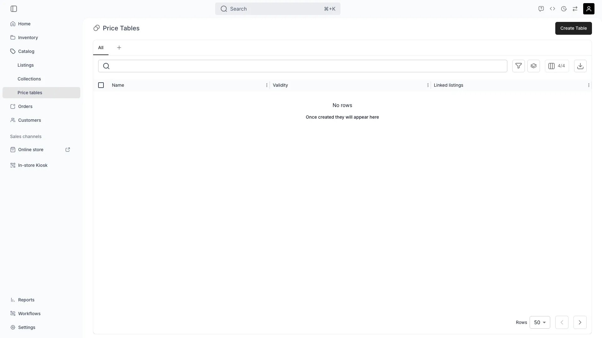 Price tables showing pricing configurations