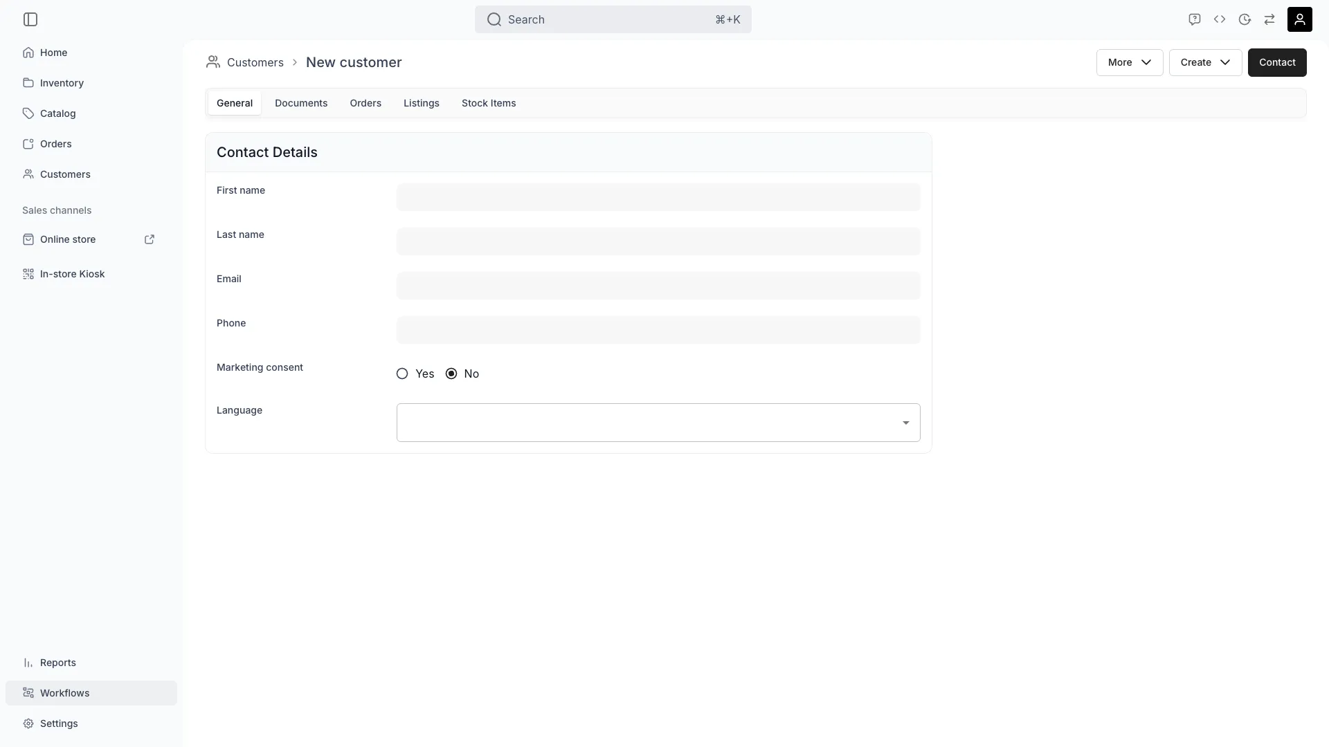 The create-customer form with its identity and contact fields