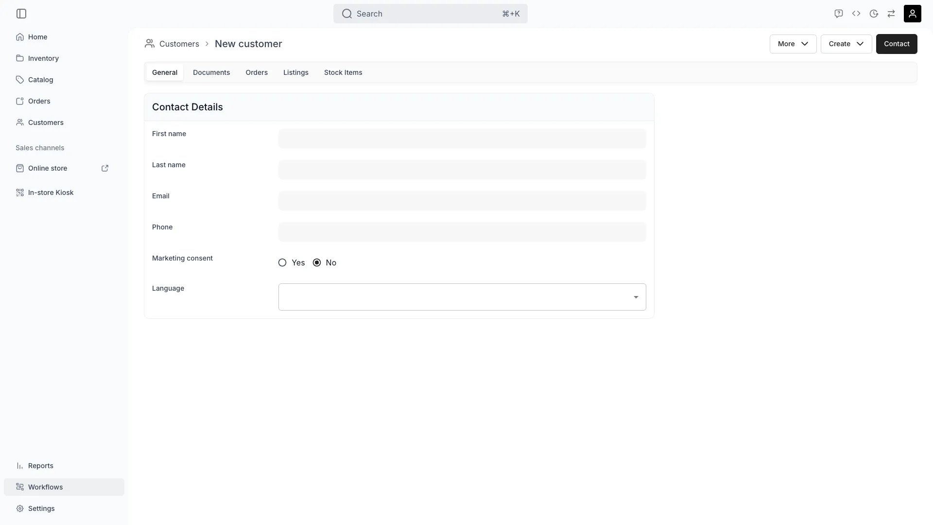 The create-customer form with its identity and contact fields
