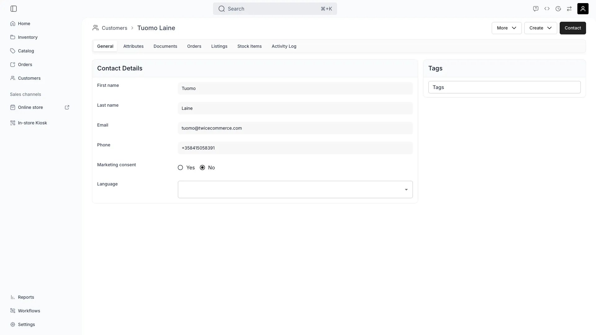 Customer general tab showing profile details