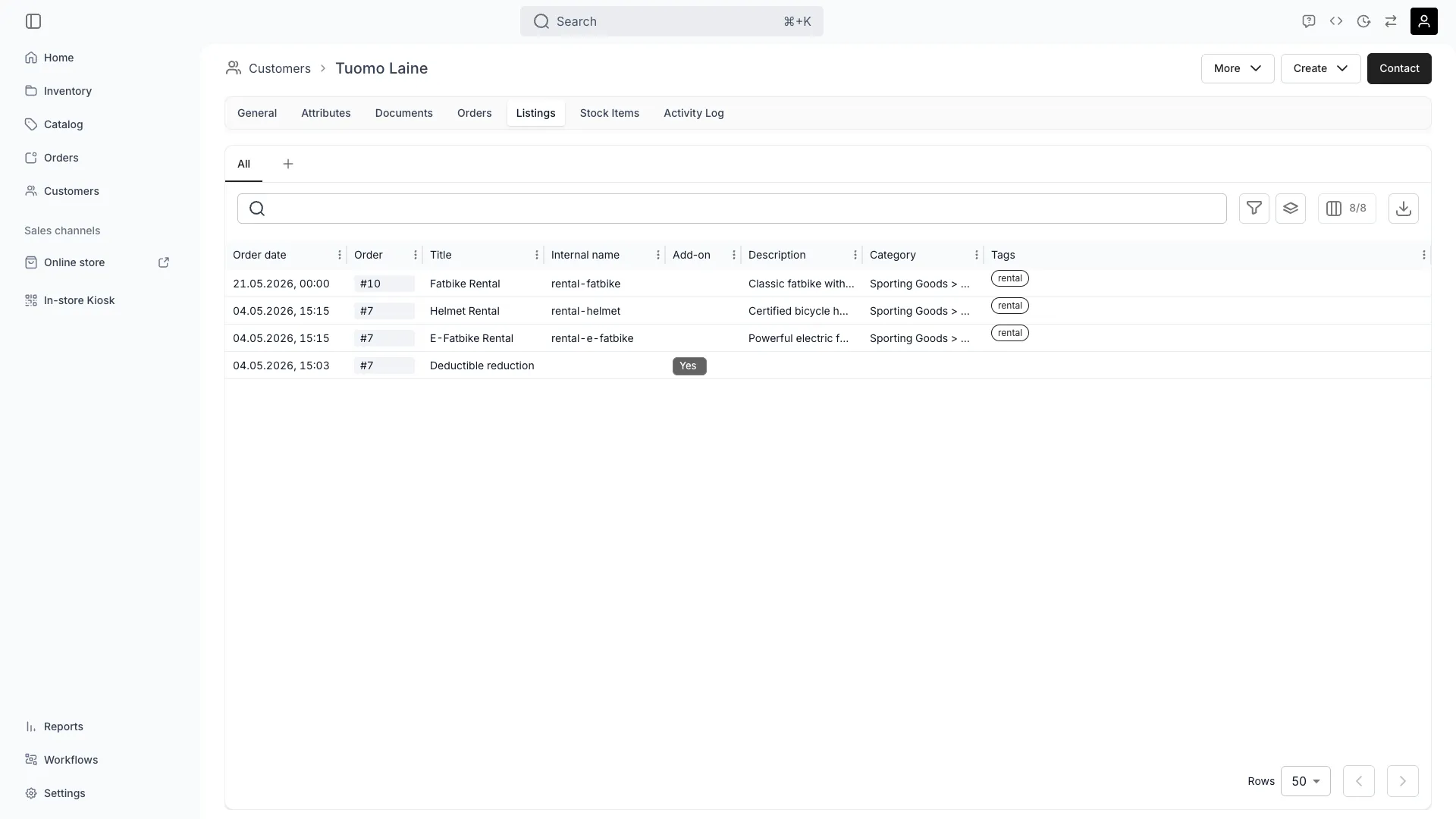 Customer listings tab showing product interactions