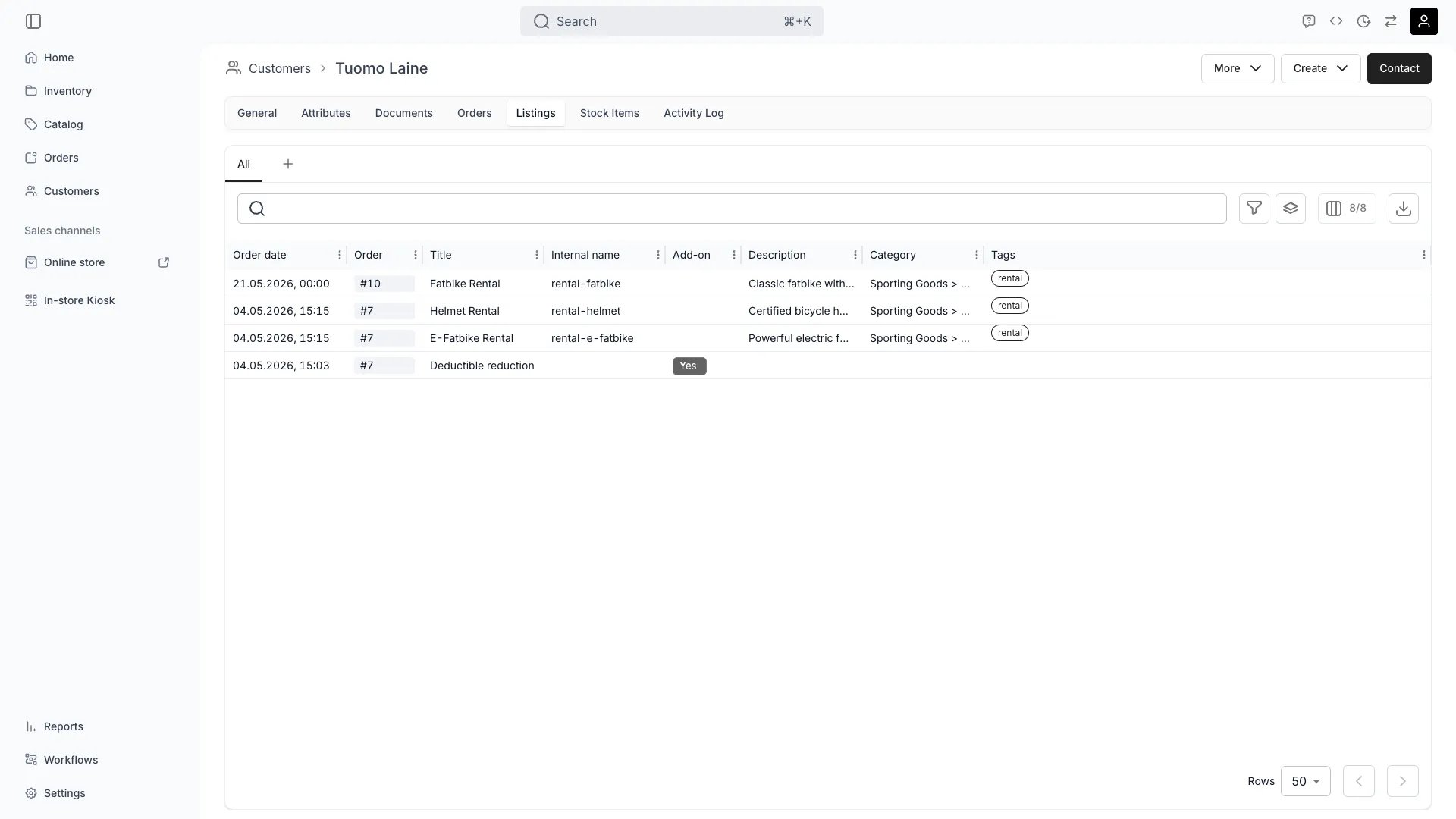 Customer listings tab showing product interactions