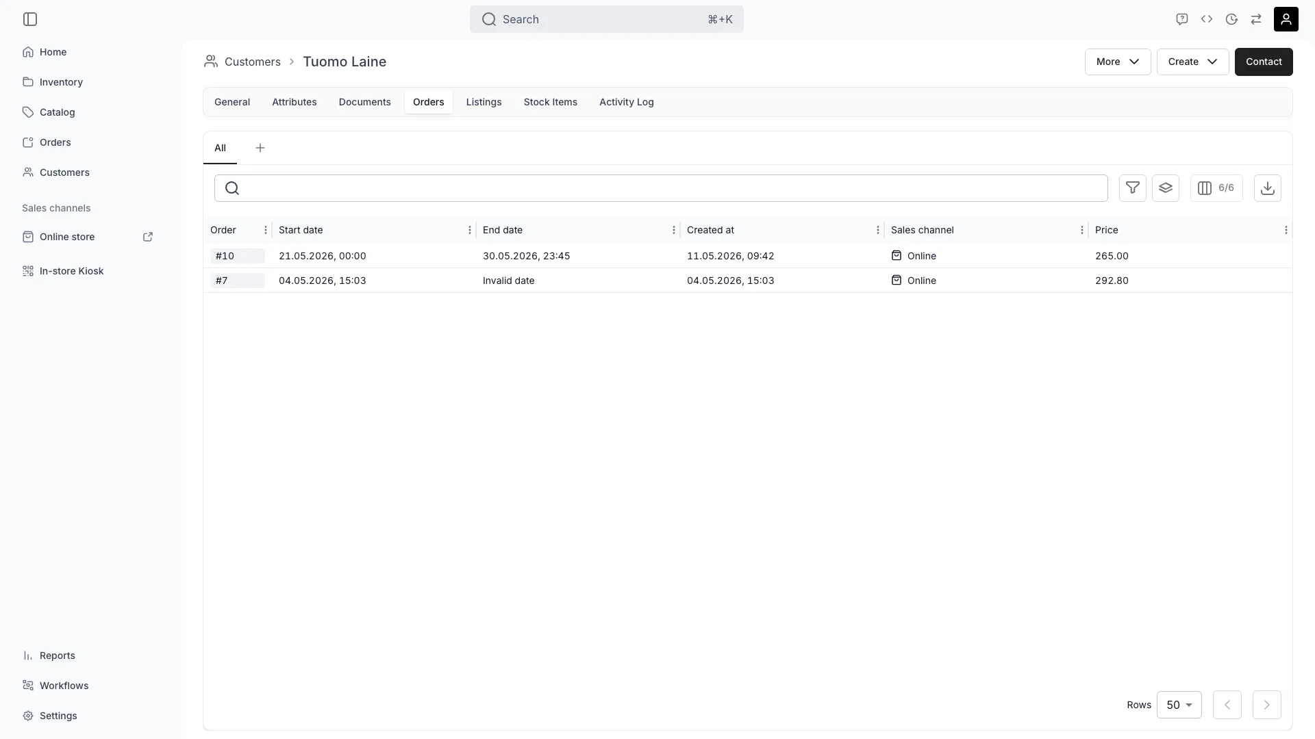 Customer orders tab showing order history