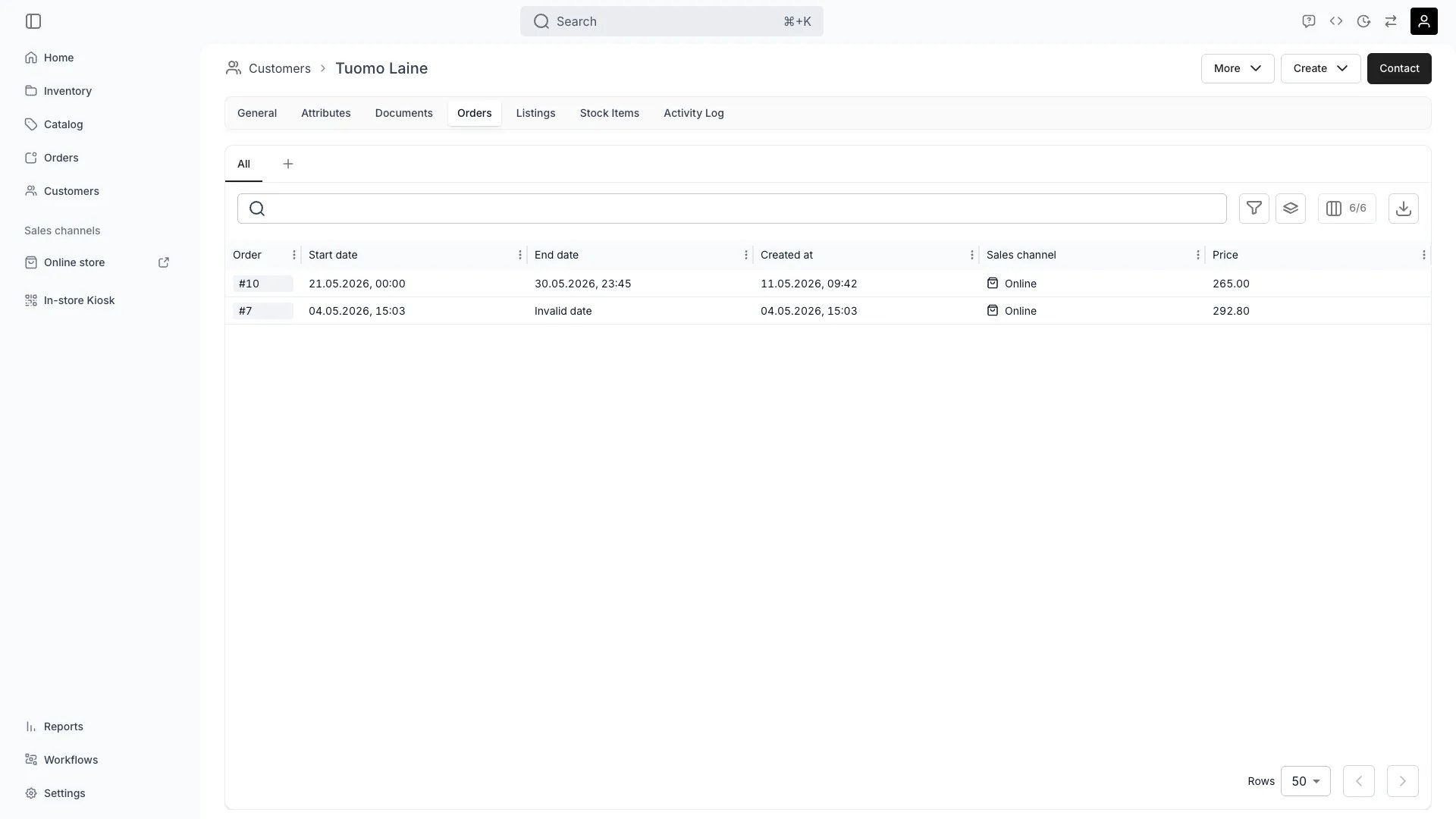 Customer orders tab showing order history