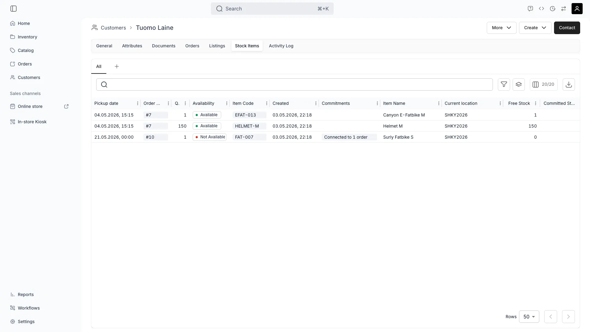 Customer stock items tab showing item usage