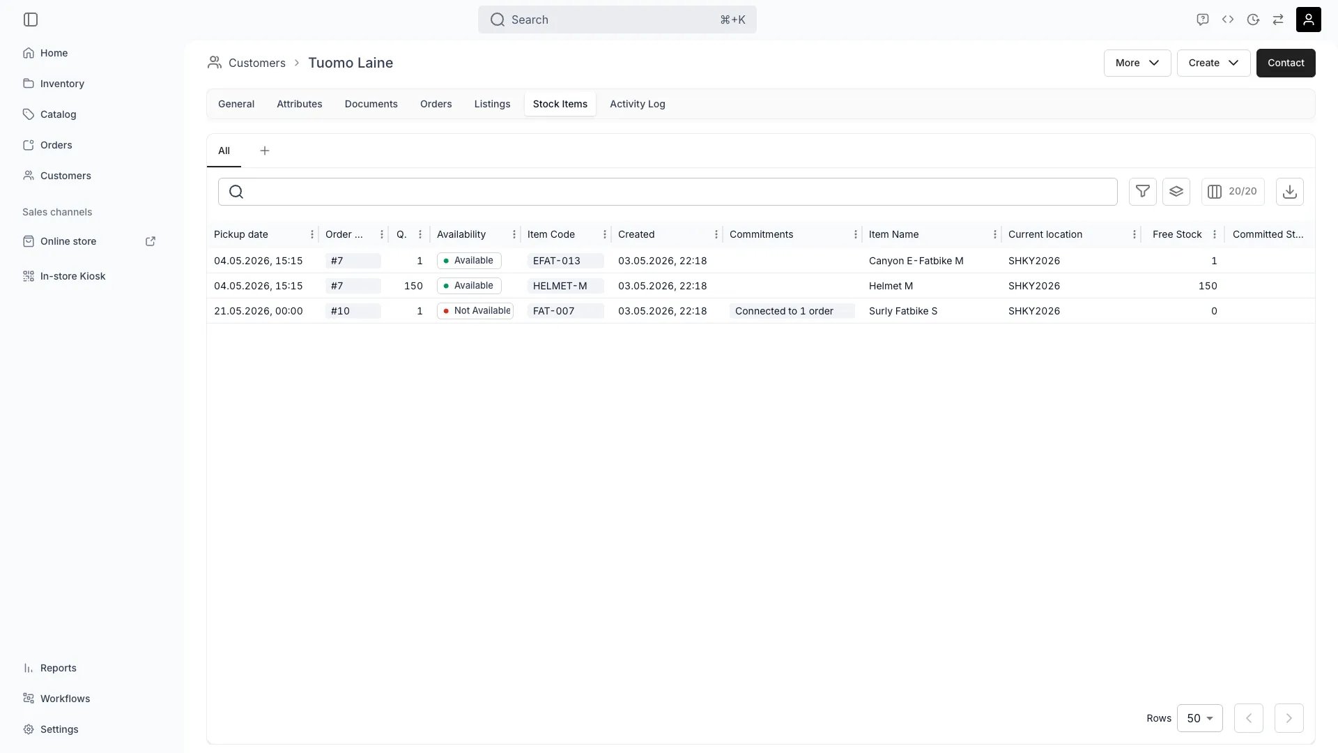 Customer stock items tab showing item usage