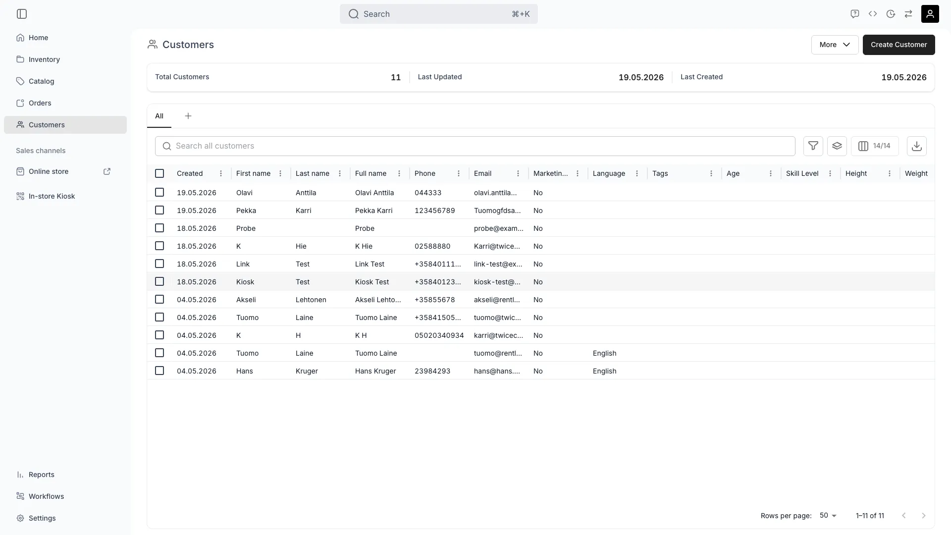 Customers overview table
