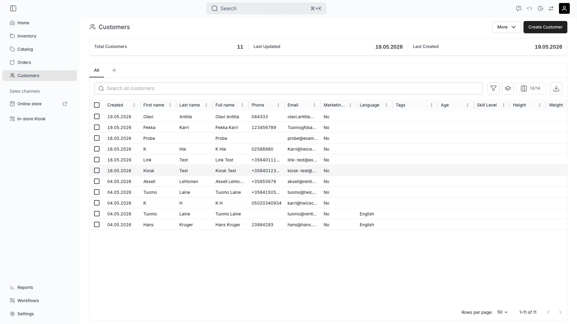 Customers overview table