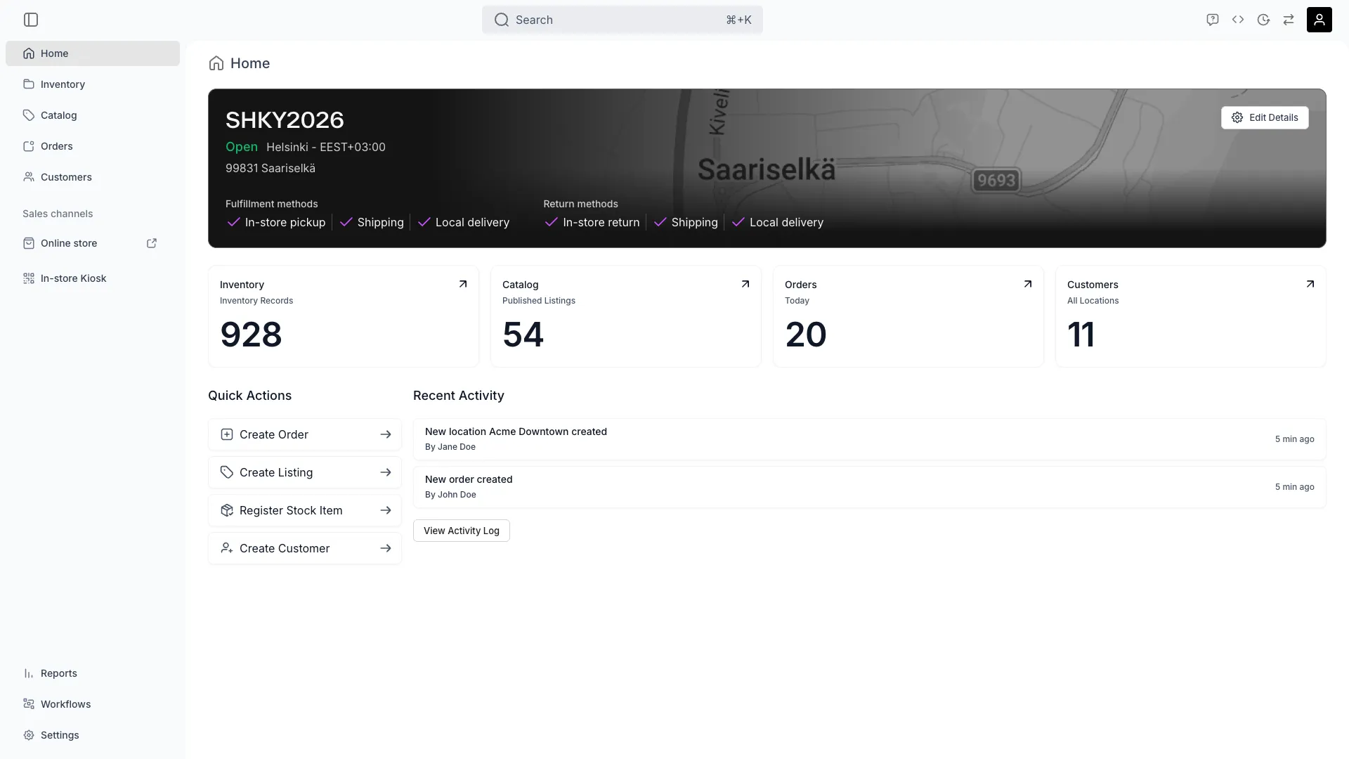 TWICE Admin Home dashboard showing key metrics and quick actions