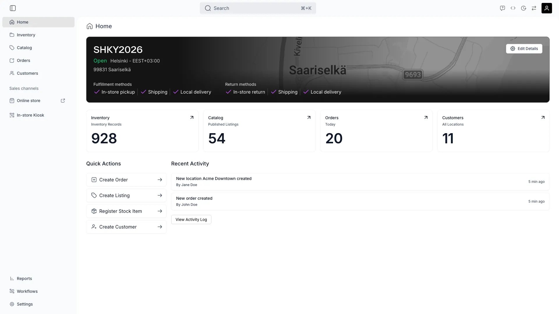 TWICE Admin Home dashboard showing key metrics and quick actions