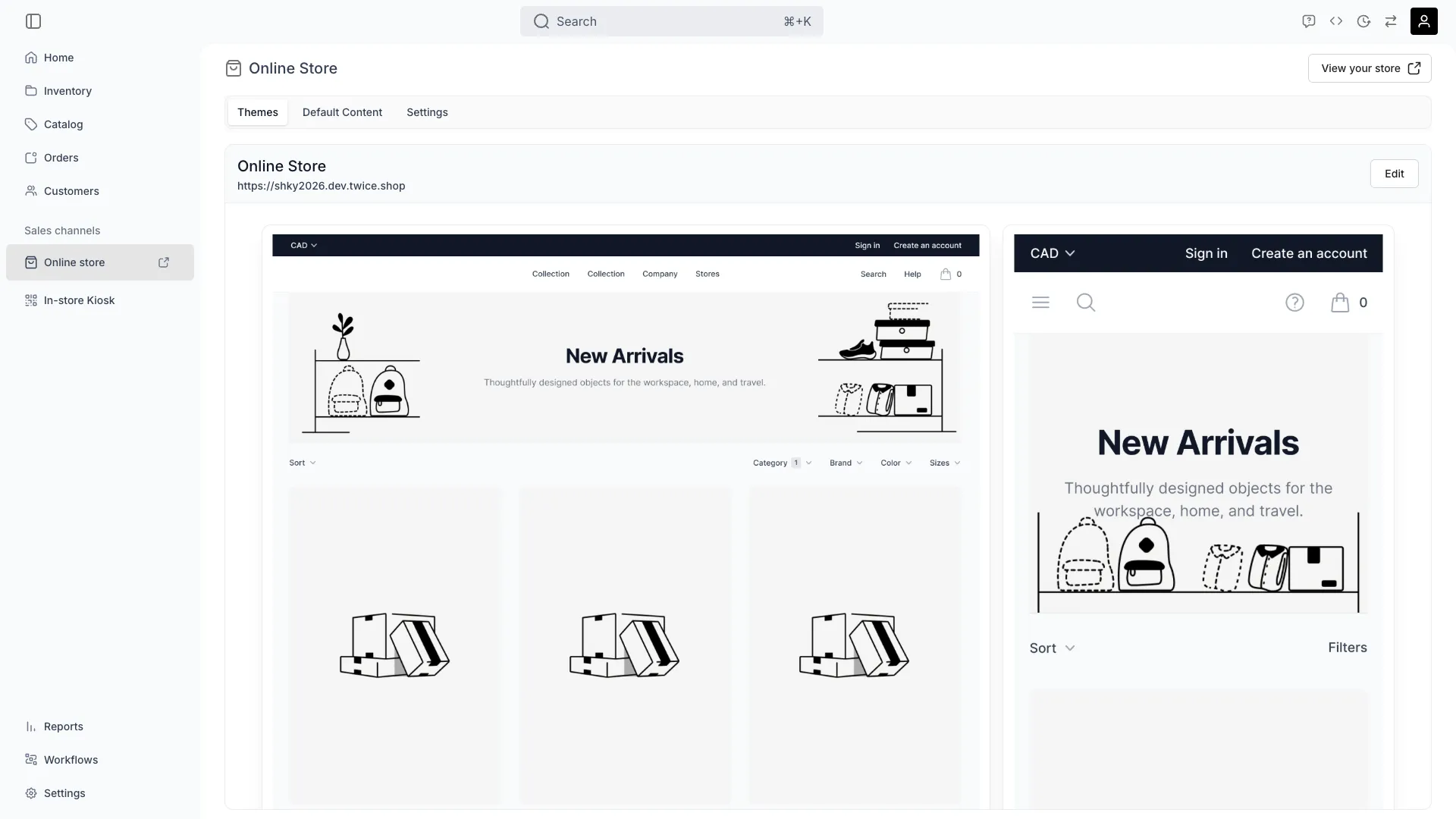 Online store themes view showing the storefront card