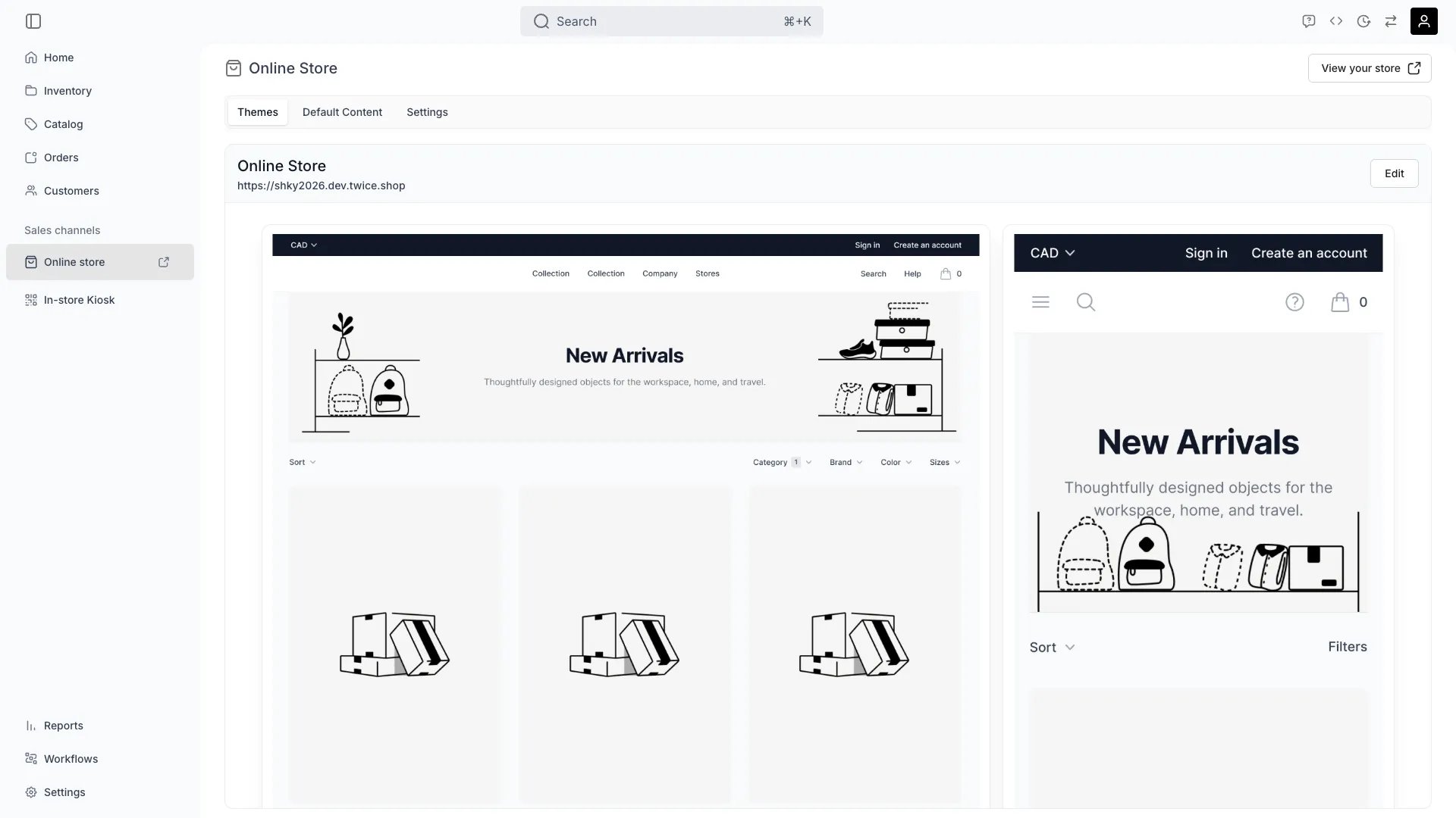 Online store themes view showing the storefront card