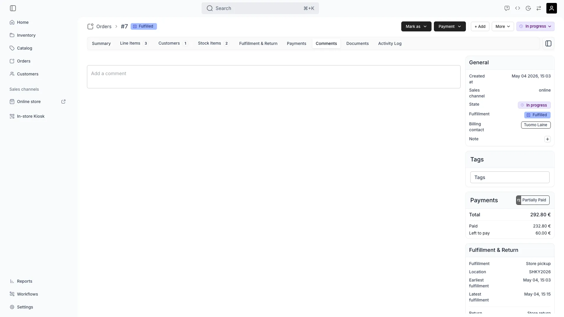 Order comments tab showing team notes