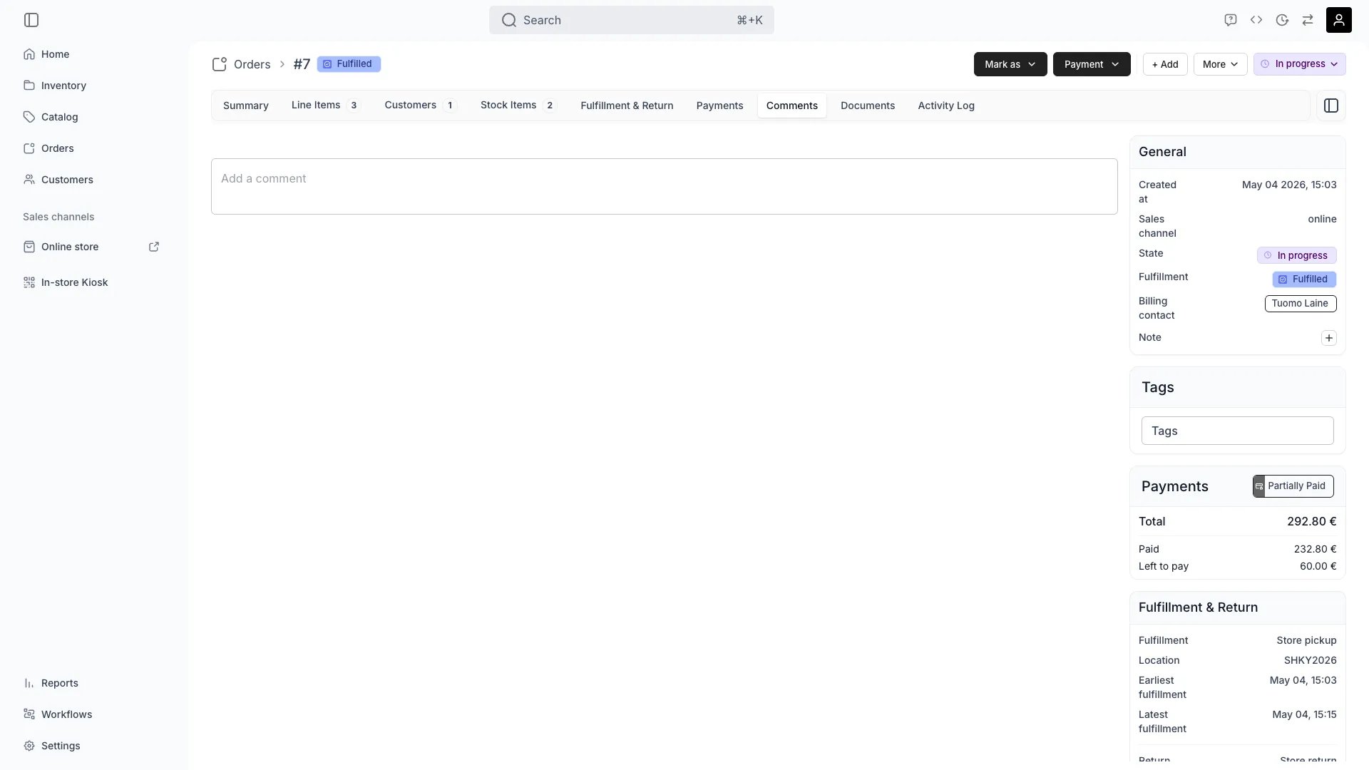 Order comments tab showing team notes