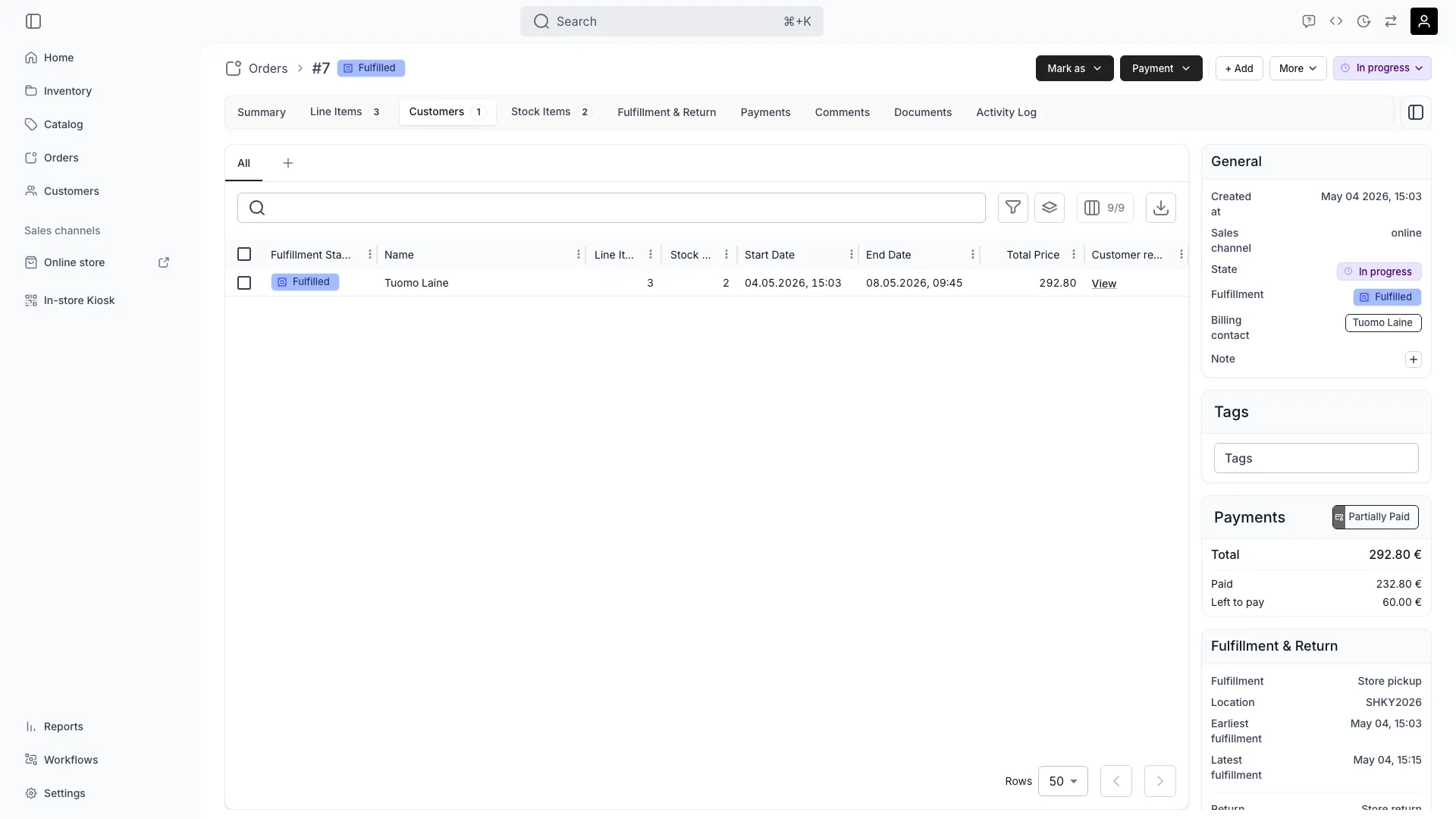 Order customers tab showing customer details