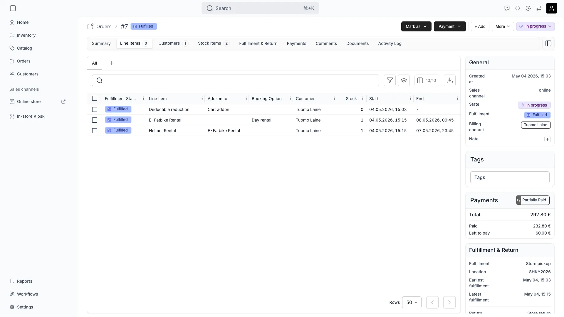 Order line items tab showing individual order entries