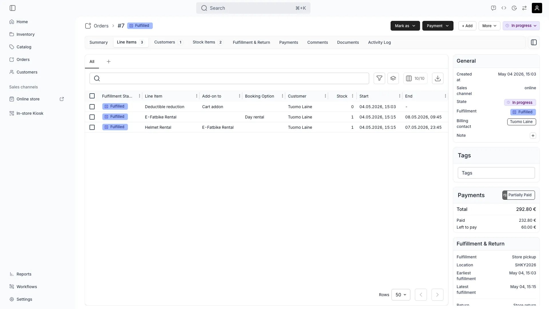 Order line items tab showing individual order entries