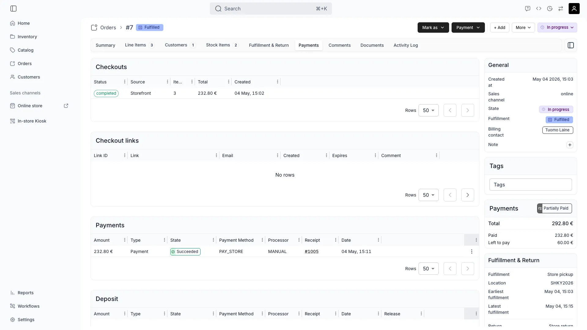 Order payment tab showing transaction details