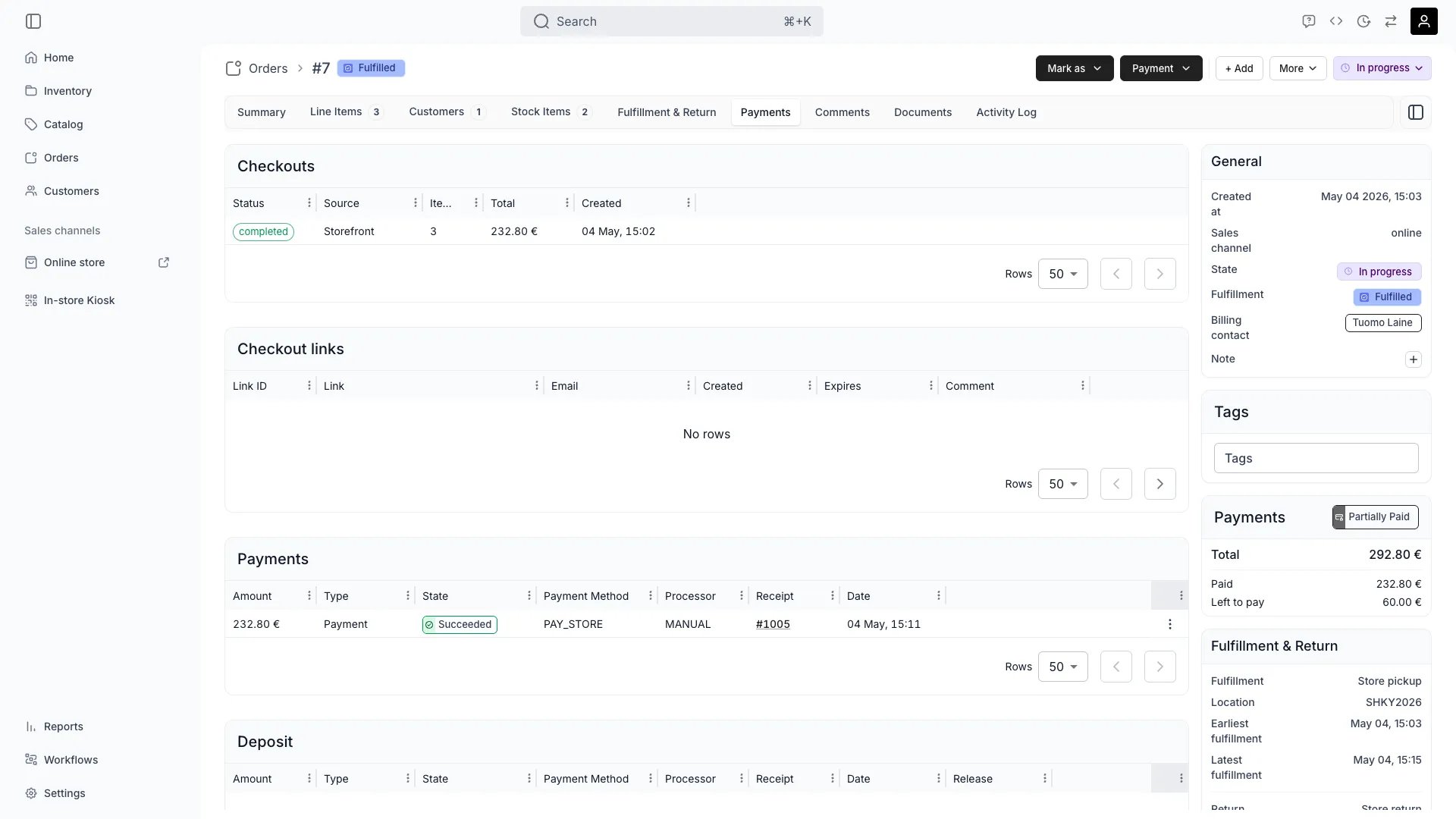 Order payment tab showing transaction details