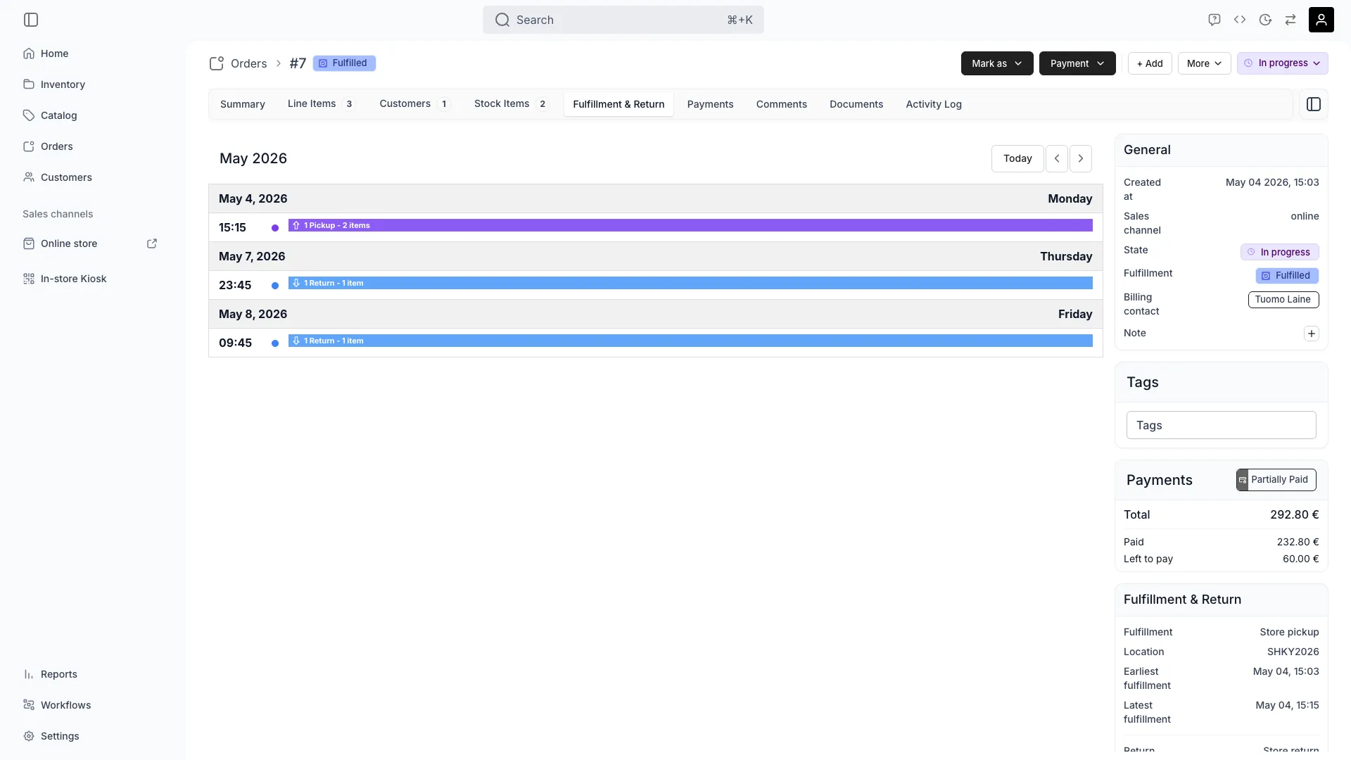 Order fulfillment and return tab showing logistics details