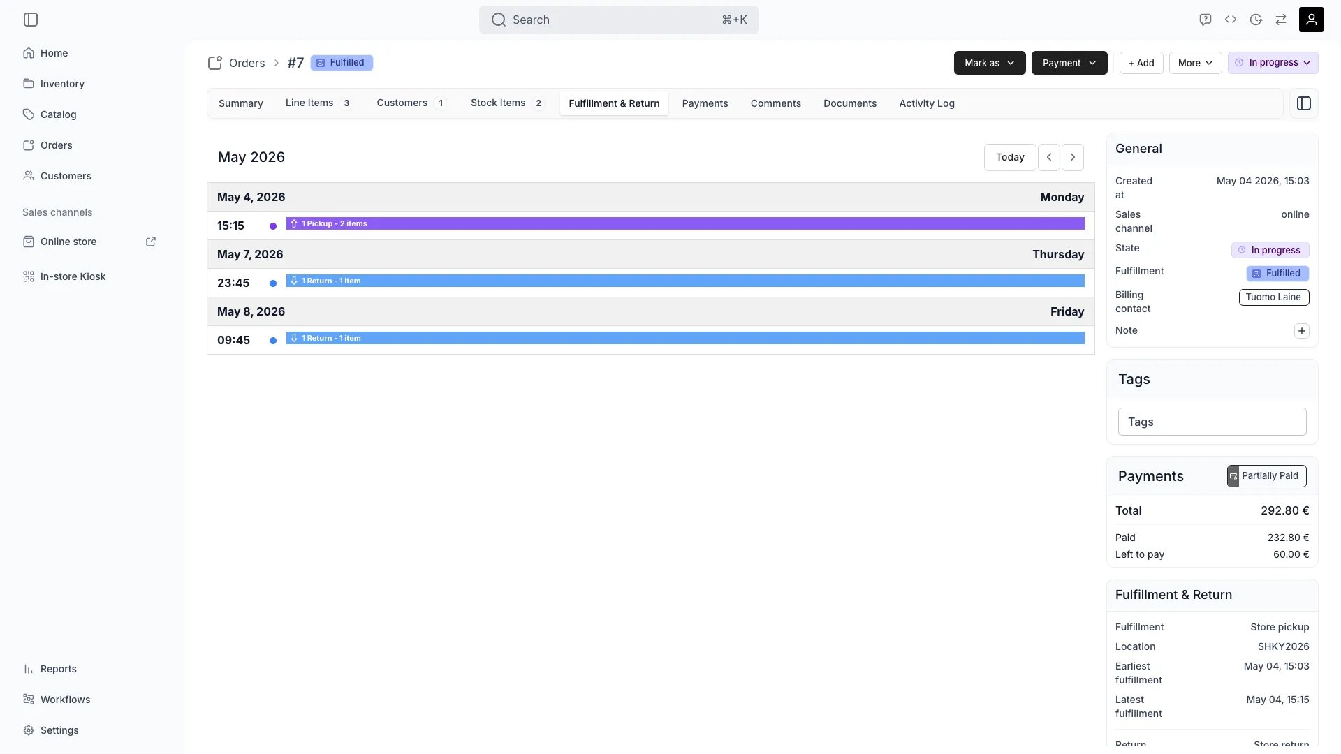 Order fulfillment and return tab showing logistics details