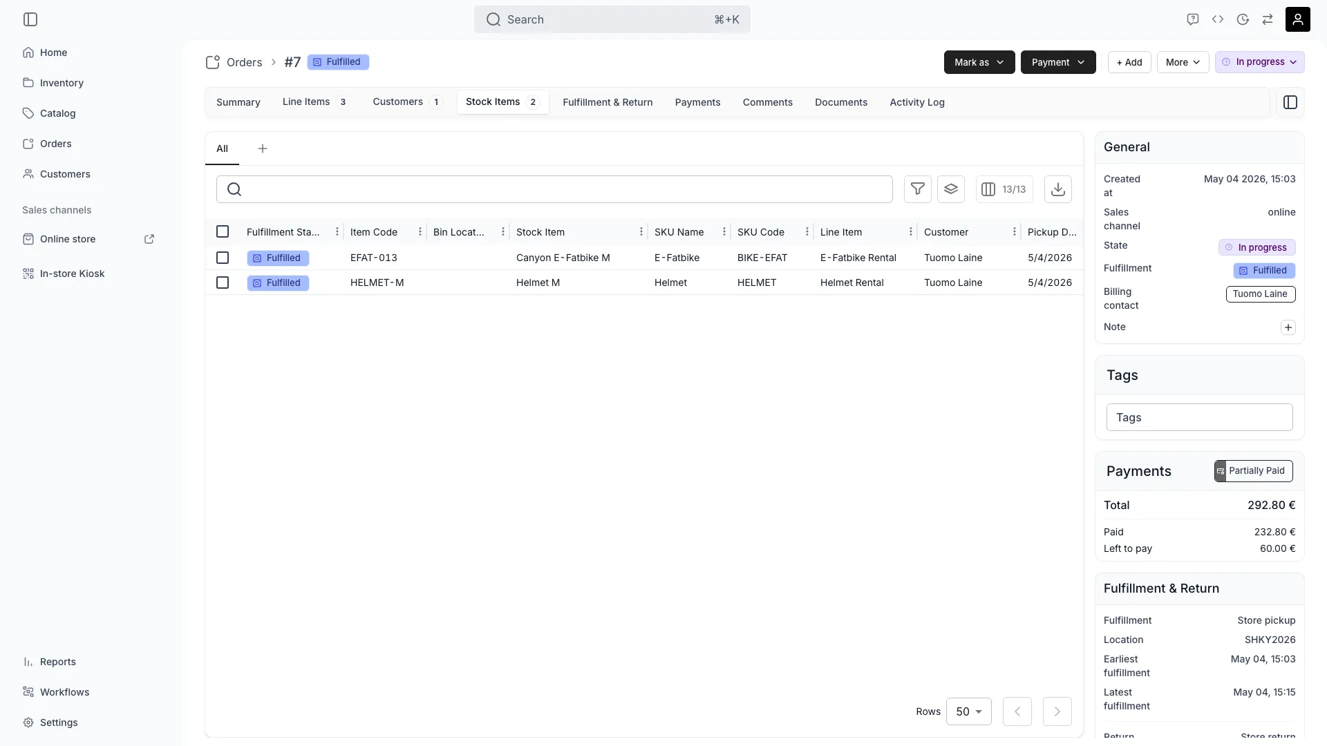 Order stock items tab showing assigned inventory