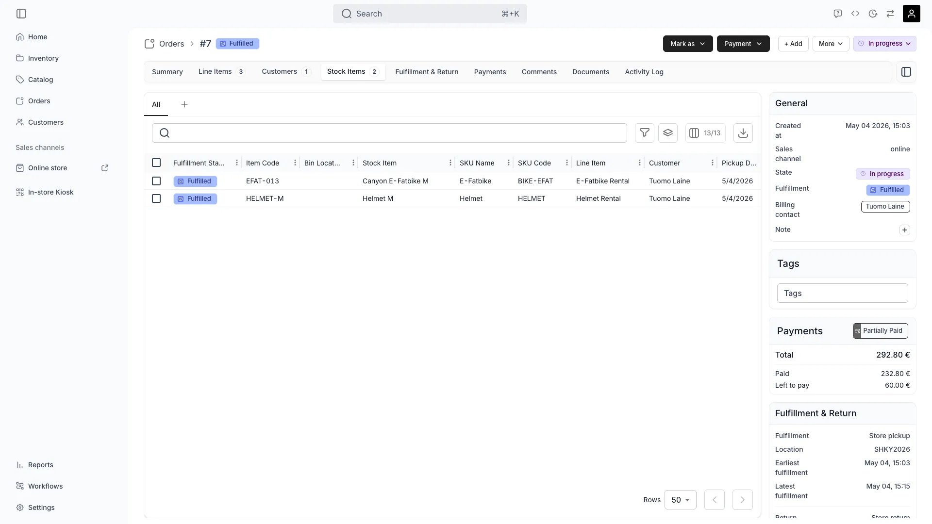 Order stock items tab showing assigned inventory