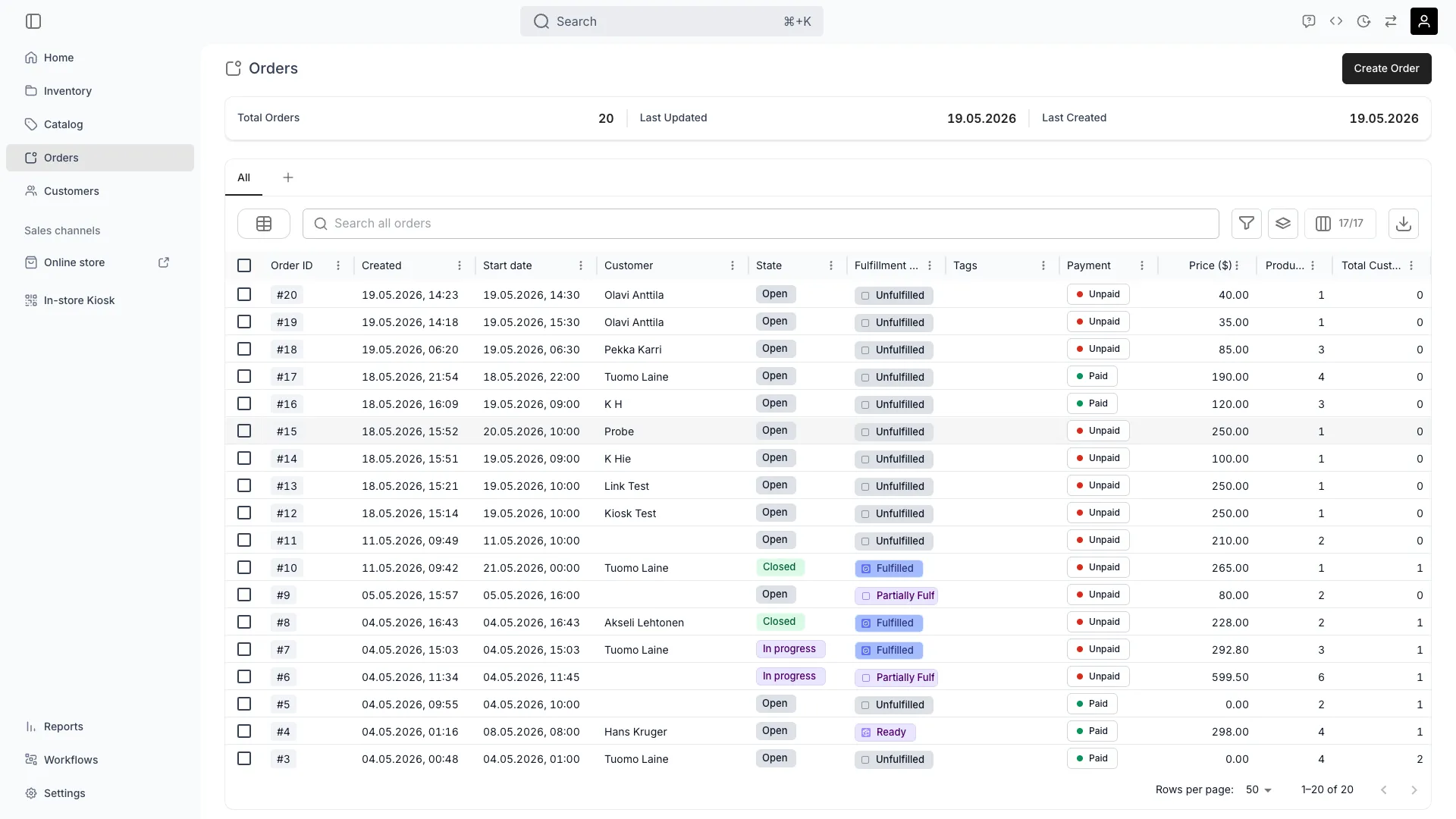 Orders overview table showing all order types
