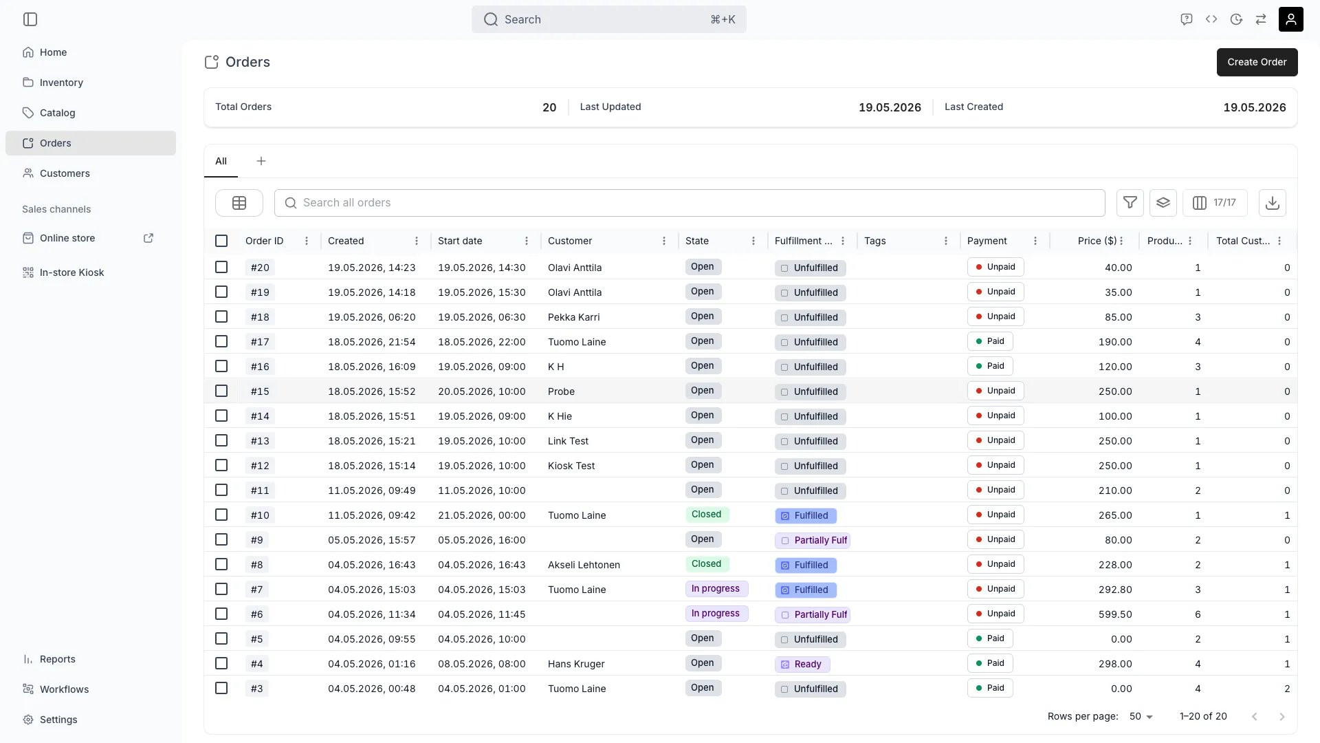 Orders overview table showing all order types
