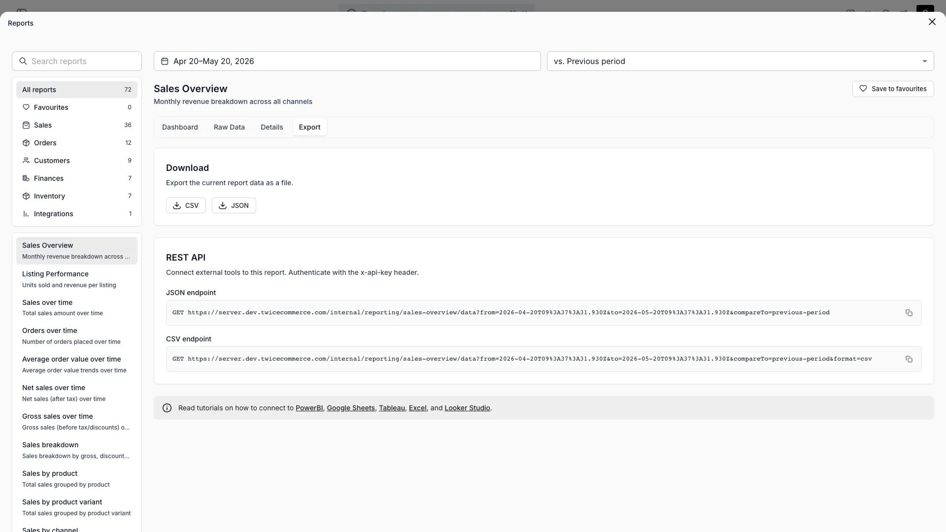 Report export view with format and schedule options