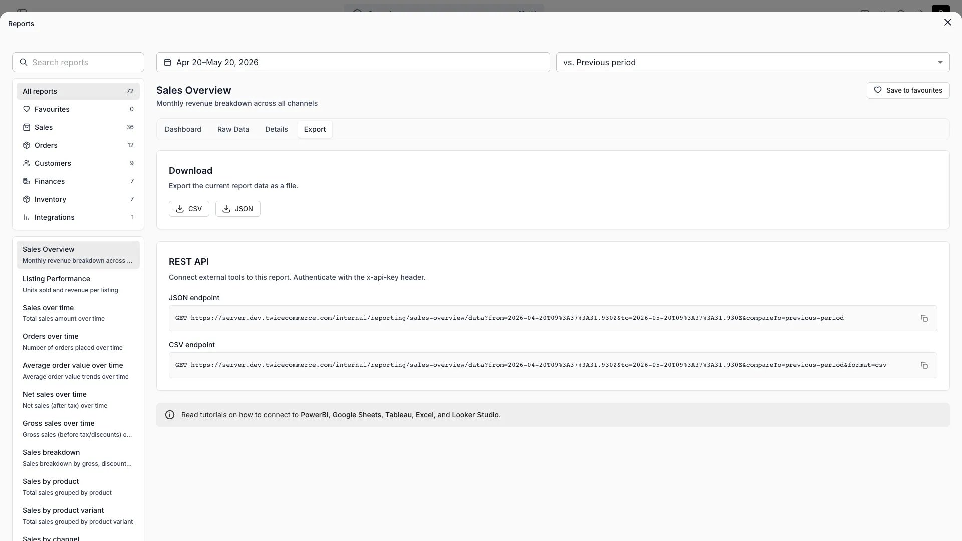 Report export view with format and schedule options