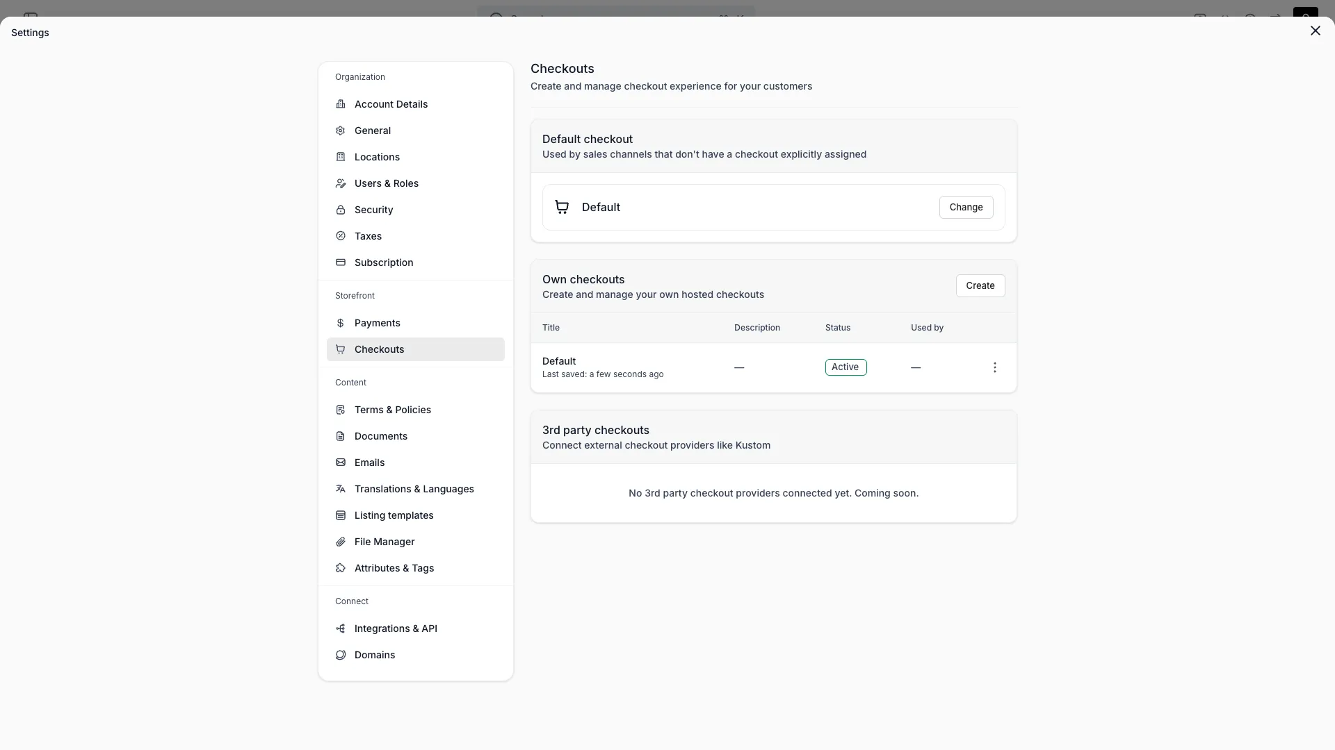 Checkouts settings page listing checkout configurations