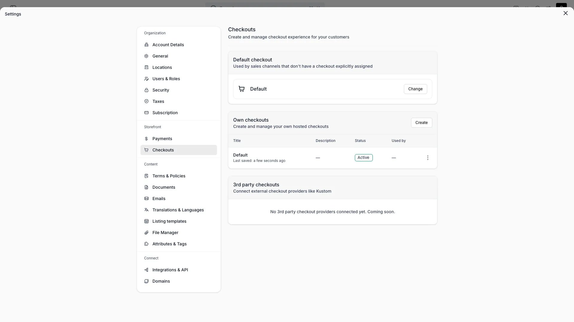 Checkouts settings page listing checkout configurations