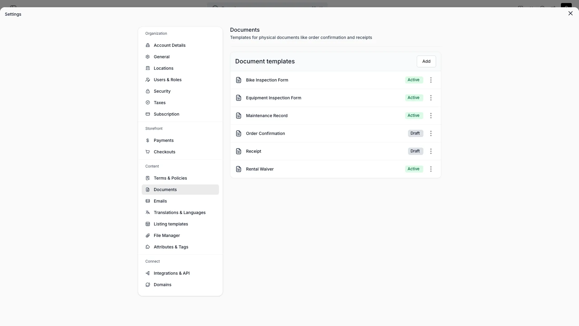 Documents settings page