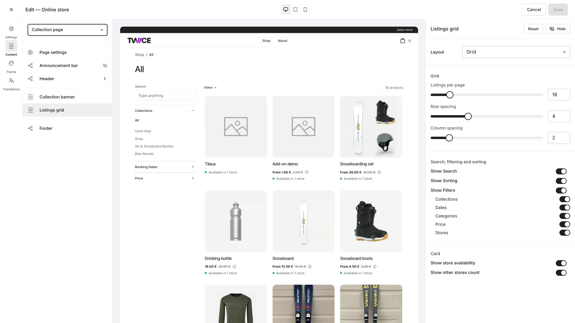 Listausruudukko-paneeli, jossa Show Filters on päällä ja sen viisi suodatinkytkintä: Collections, Dates, Categories, Price ja Stores