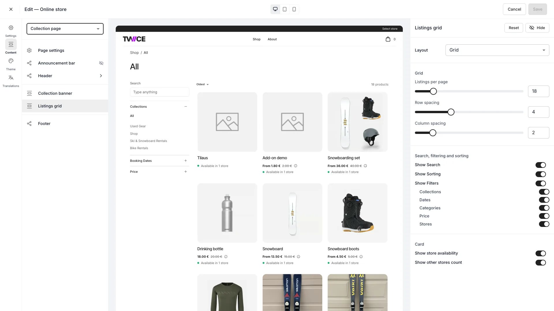 Listausruudukko-paneeli, jossa Show Filters on päällä ja sen viisi suodatinkytkintä: Collections, Dates, Categories, Price ja Stores