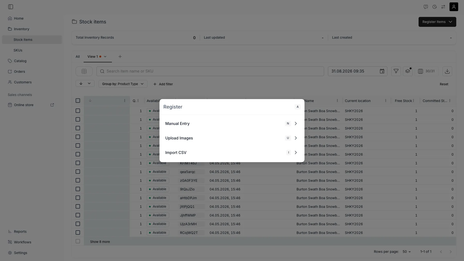 Register menu showing Manual Entry, Upload Images and Import CSV with their hotkeys