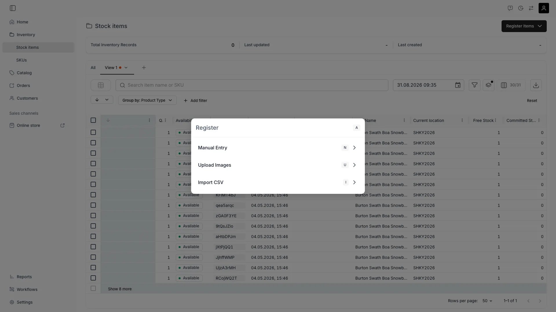 Register menu showing Manual Entry, Upload Images and Import CSV with their hotkeys