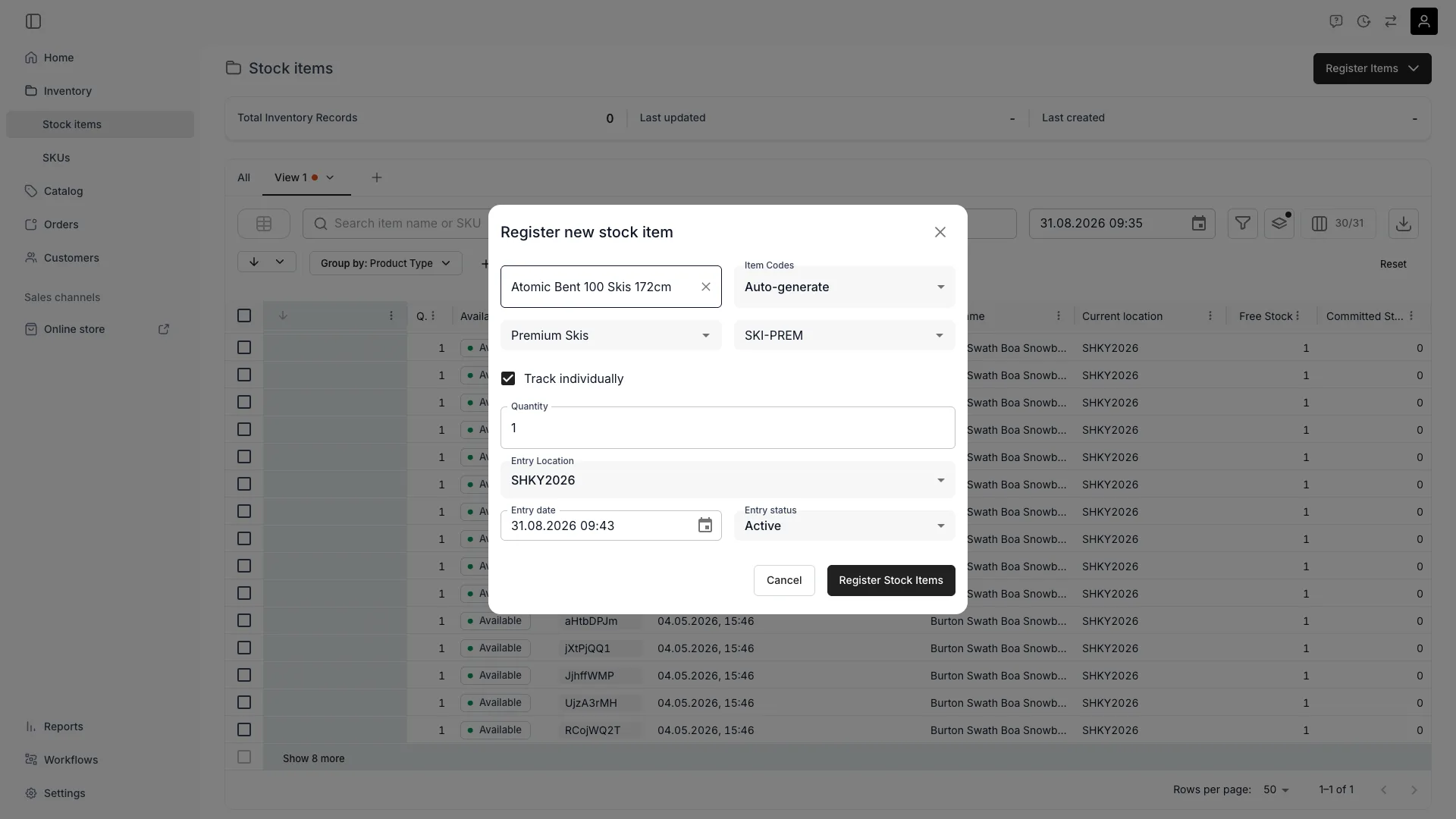 Register new stock item dialog filled in