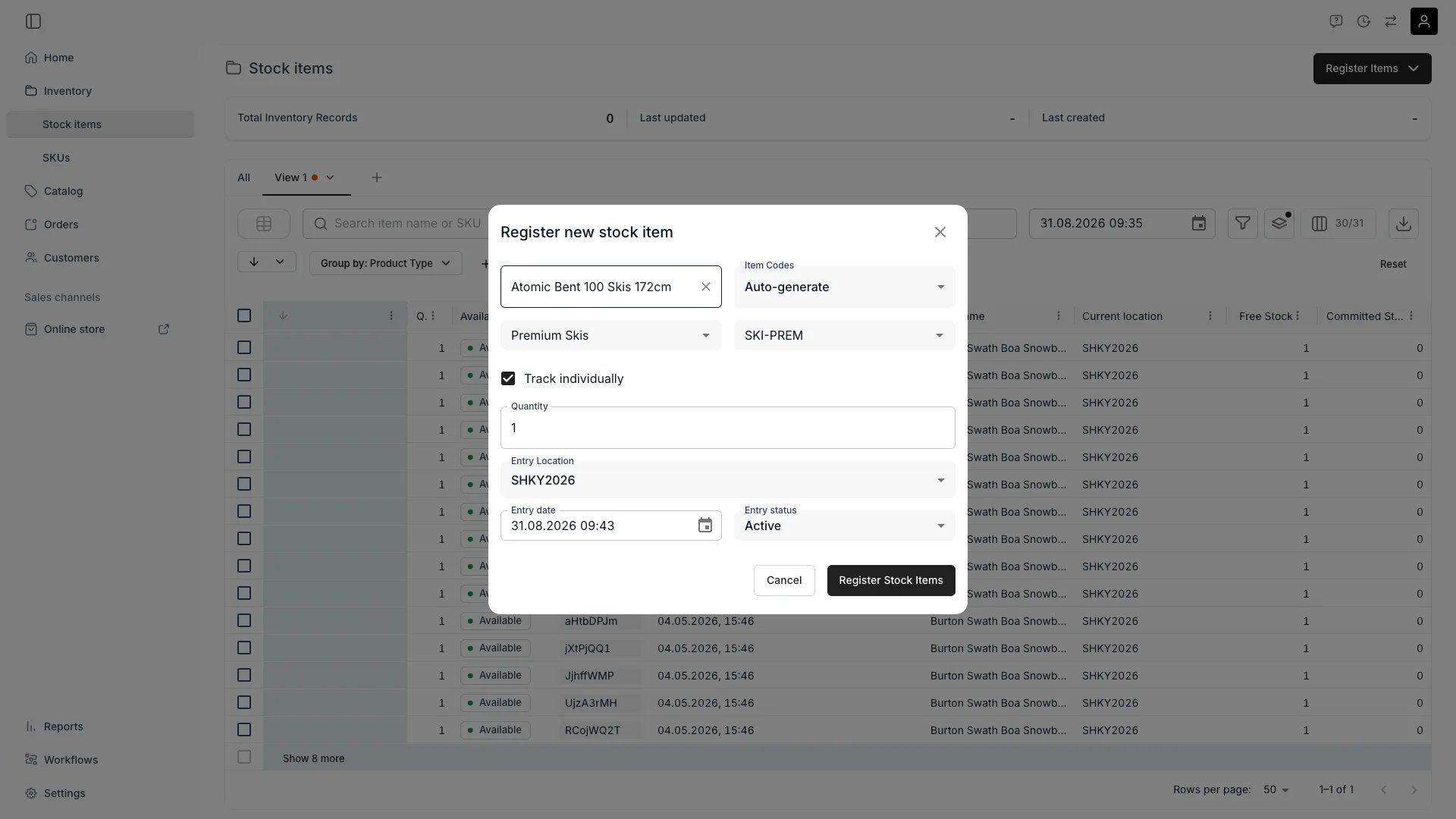 Register new stock item dialog filled in