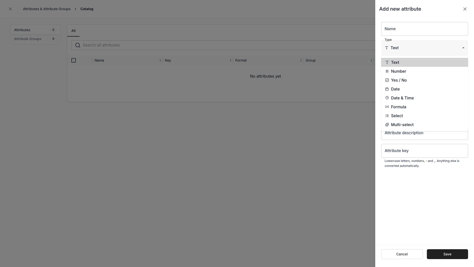The Type dropdown in the Add new attribute drawer, open on its nine values