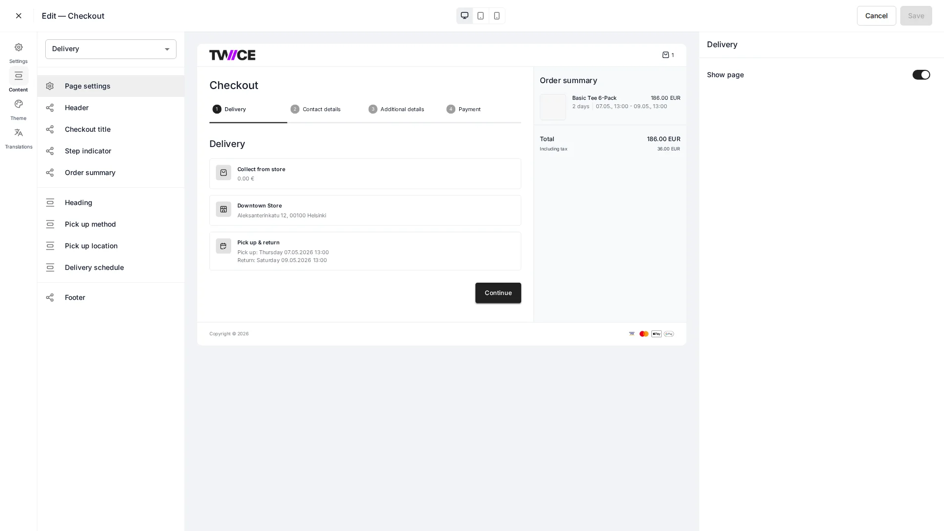 Checkout editor showing the step flow and section settings