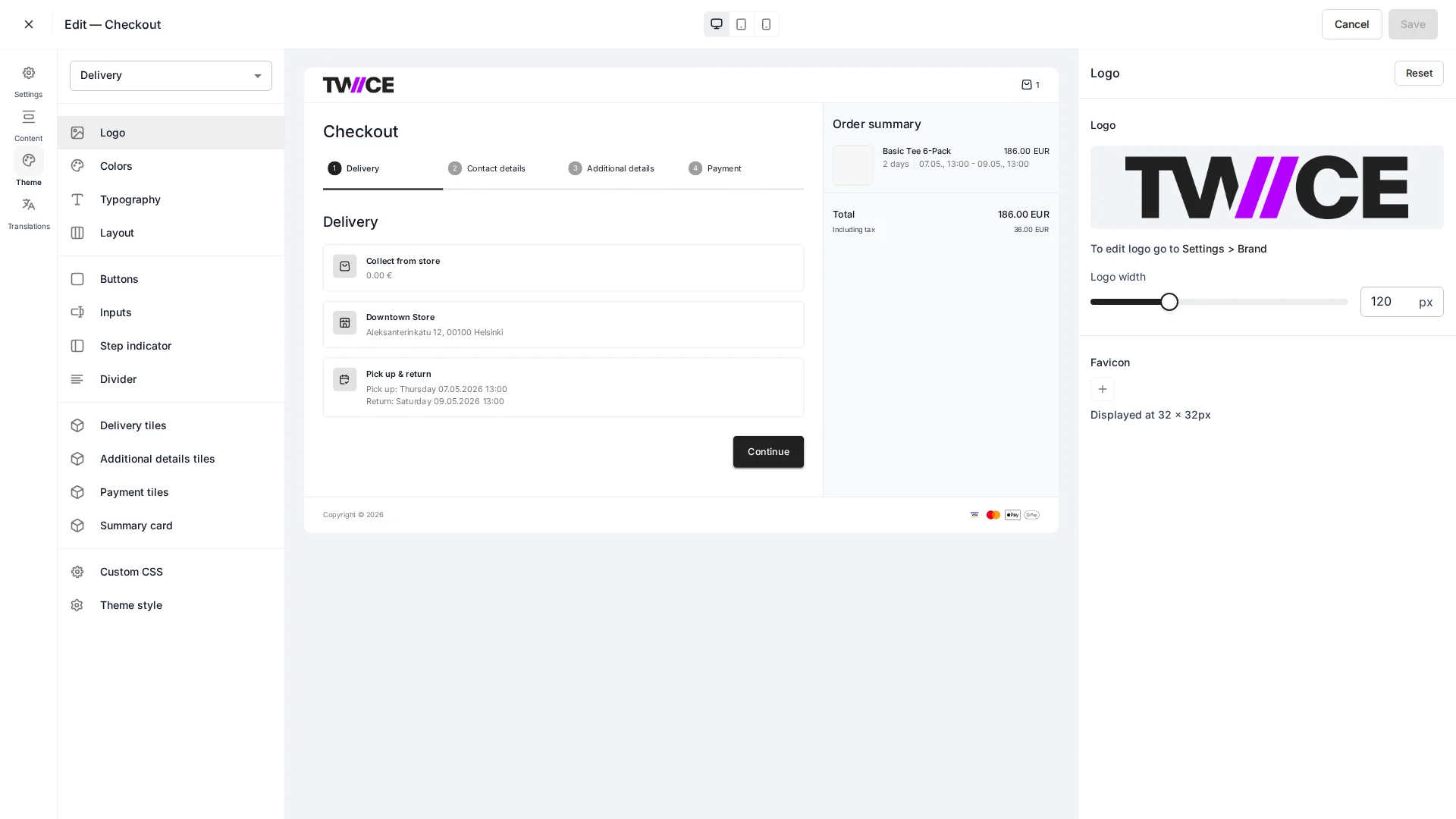 Checkout styling panels for colours, typography, and components